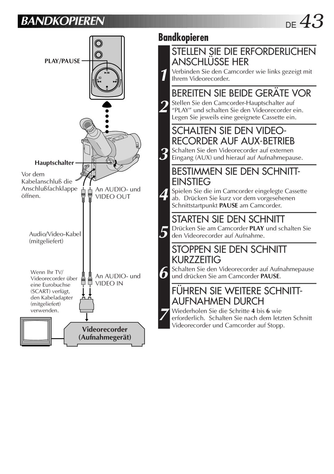 JVC GR-AX880 manual Bandkopieren, Stoppen SIE DEN Schnitt Kurzzeitig, Führen SIE Weitere SCHNITT- Aufnahmen Durch 