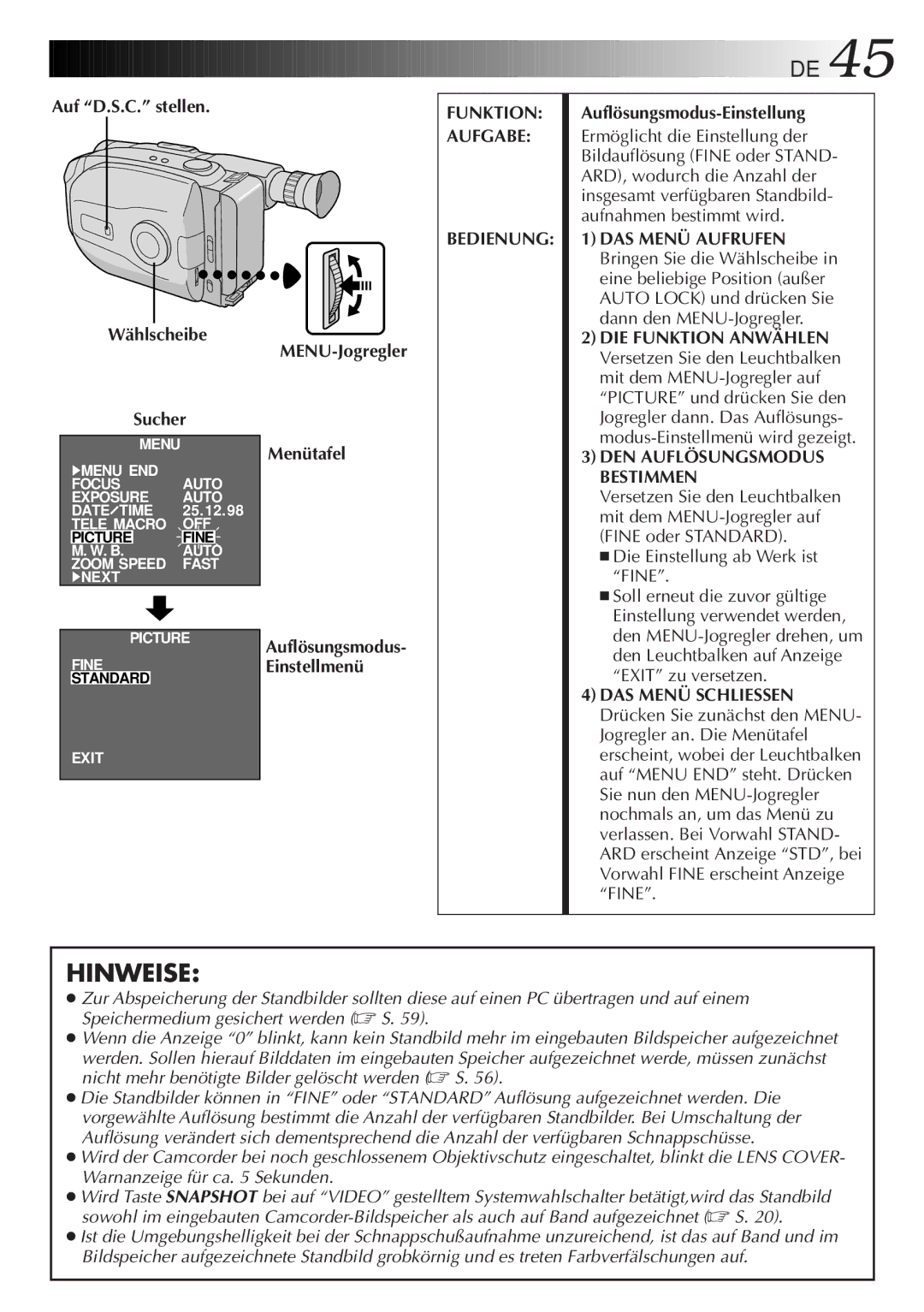 JVC GR-AX880 manual Auf D.S.C. stellen Wählscheibe Sucher, Funktion Aufgabe Bedienung, Auflösungsmodus-Einstellung 