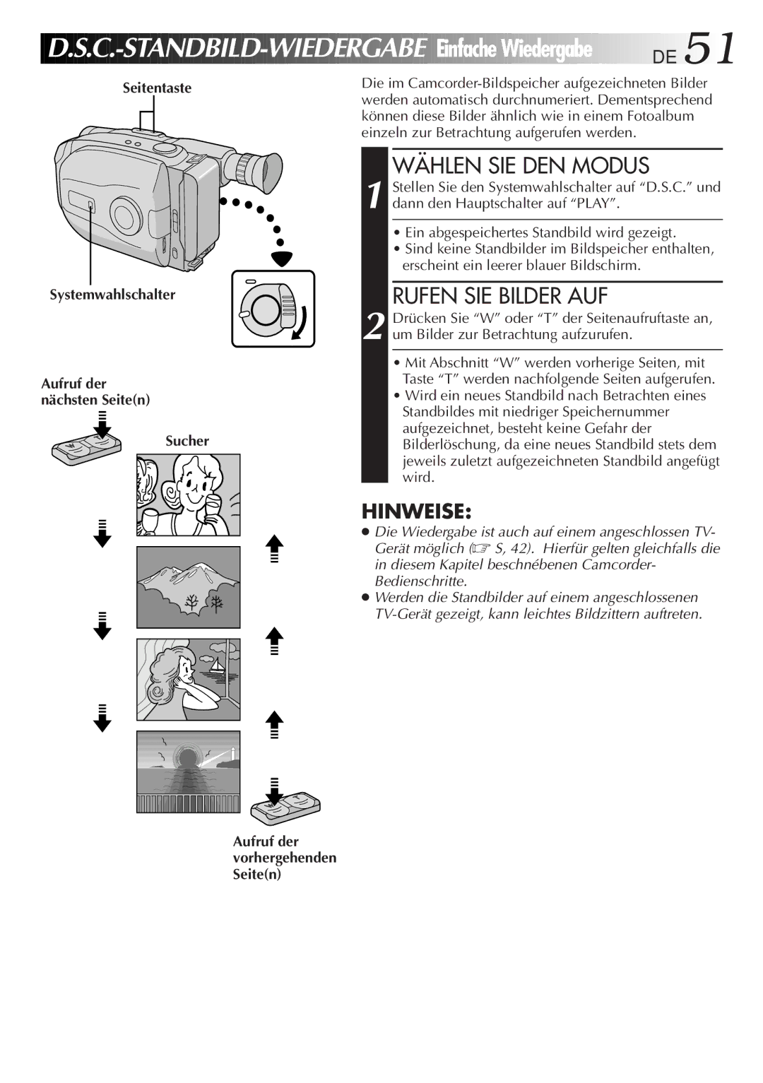 JVC GR-AX880 manual C.-STANDBILD- Wiedergabe Einfache Wiedergabe, Rufen SIE Bilder AUF, Seitentaste Systemwahlschalter 