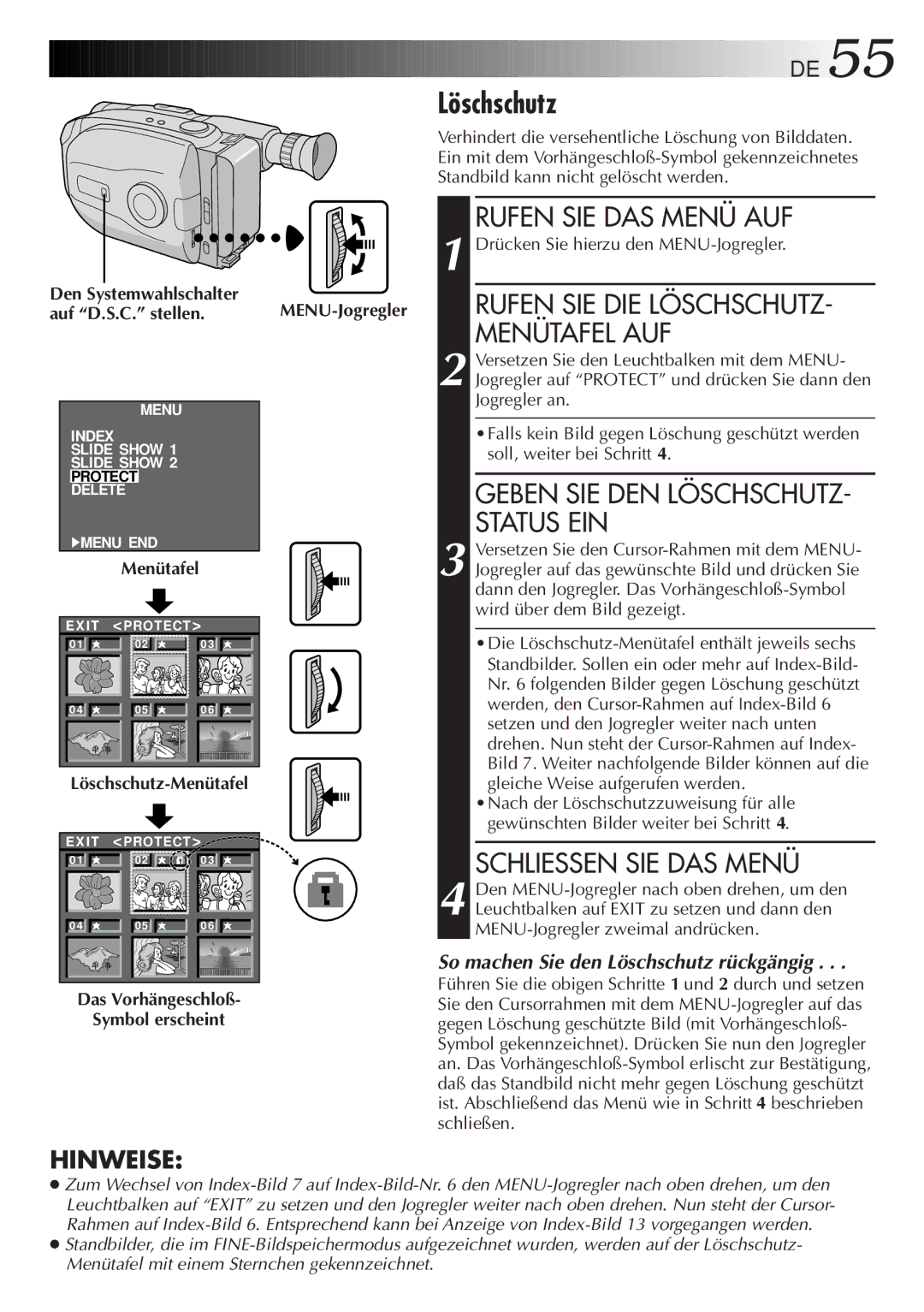 JVC GR-AX880 manual Rufen SIE DIE Löschschutz, Menütafel AUF, Status EIN, Geben SIE DEN Löschschutz 