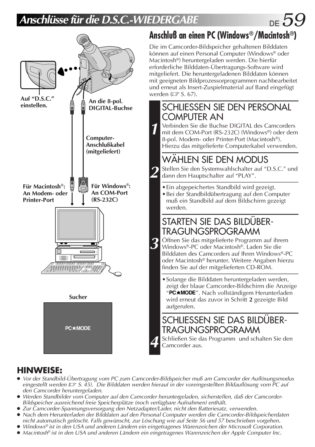 JVC GR-AX880 manual Anschlüsse für die D.S.C. -WIEDERGABE DE, Schliessen SIE DEN Personal Computer AN 