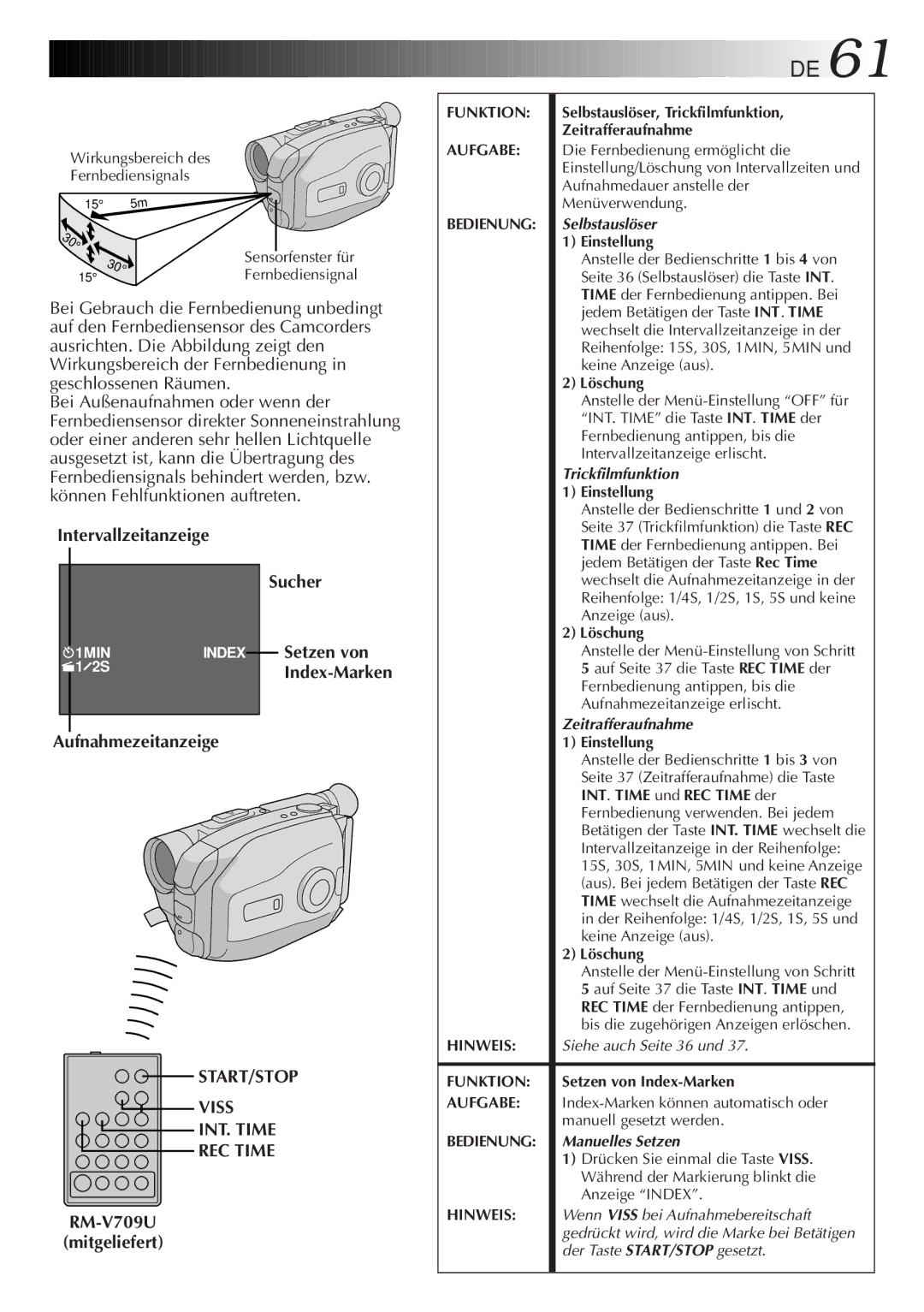 JVC GR-AX880 manual Intervallzeitanzeige, START/STOP Viss INT. Time REC Time, RM-V709U Mitgeliefert 