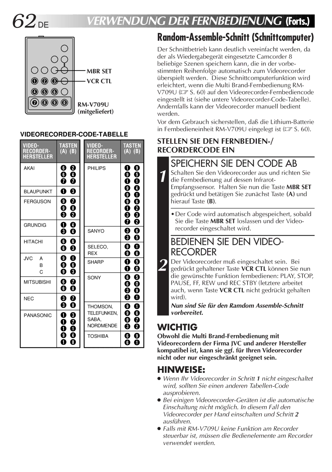 JVC GR-AX880 manual Verwendung DER Fernbedienung Forts, Speichern SIE DEN Code AB, Bedienen SIE DEN Video Recorder, Mbr Set 