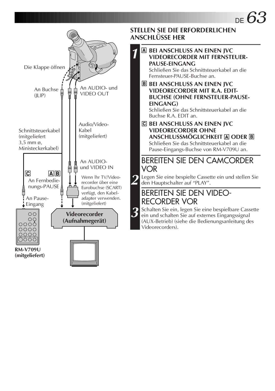 JVC GR-AX880 manual Bereiten SIE DEN Camcorder VOR, Bereiten SIE DEN Video Recorder VOR, Die Klappe öffnen An Buchse Jlip 