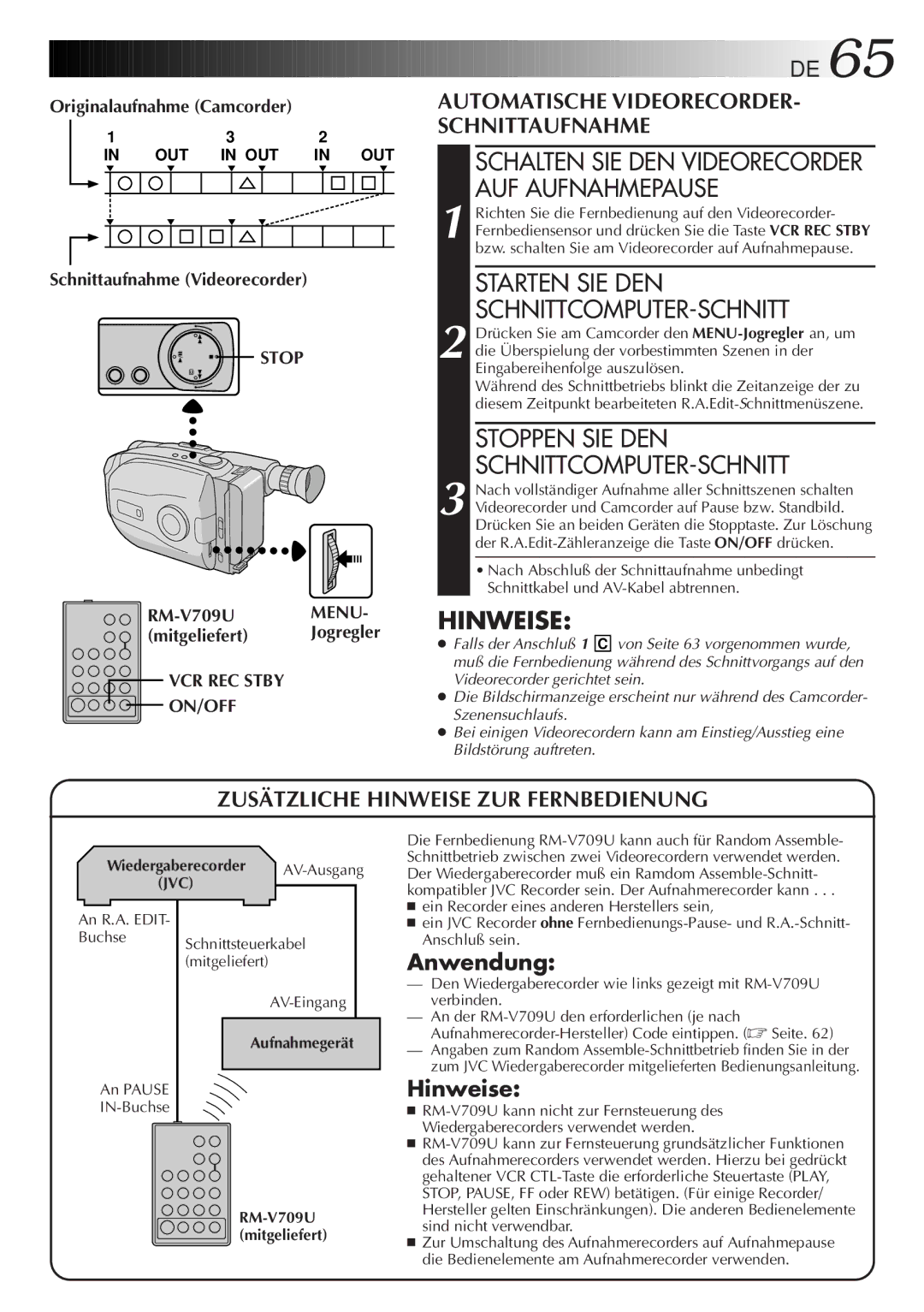 JVC GR-AX880 manual Starten SIE DEN SCHNITTCOMPUTER-SCHNITT, Stoppen SIE DEN SCHNITTCOMPUTER-SCHNITT, Stop RM-V709U Menu 