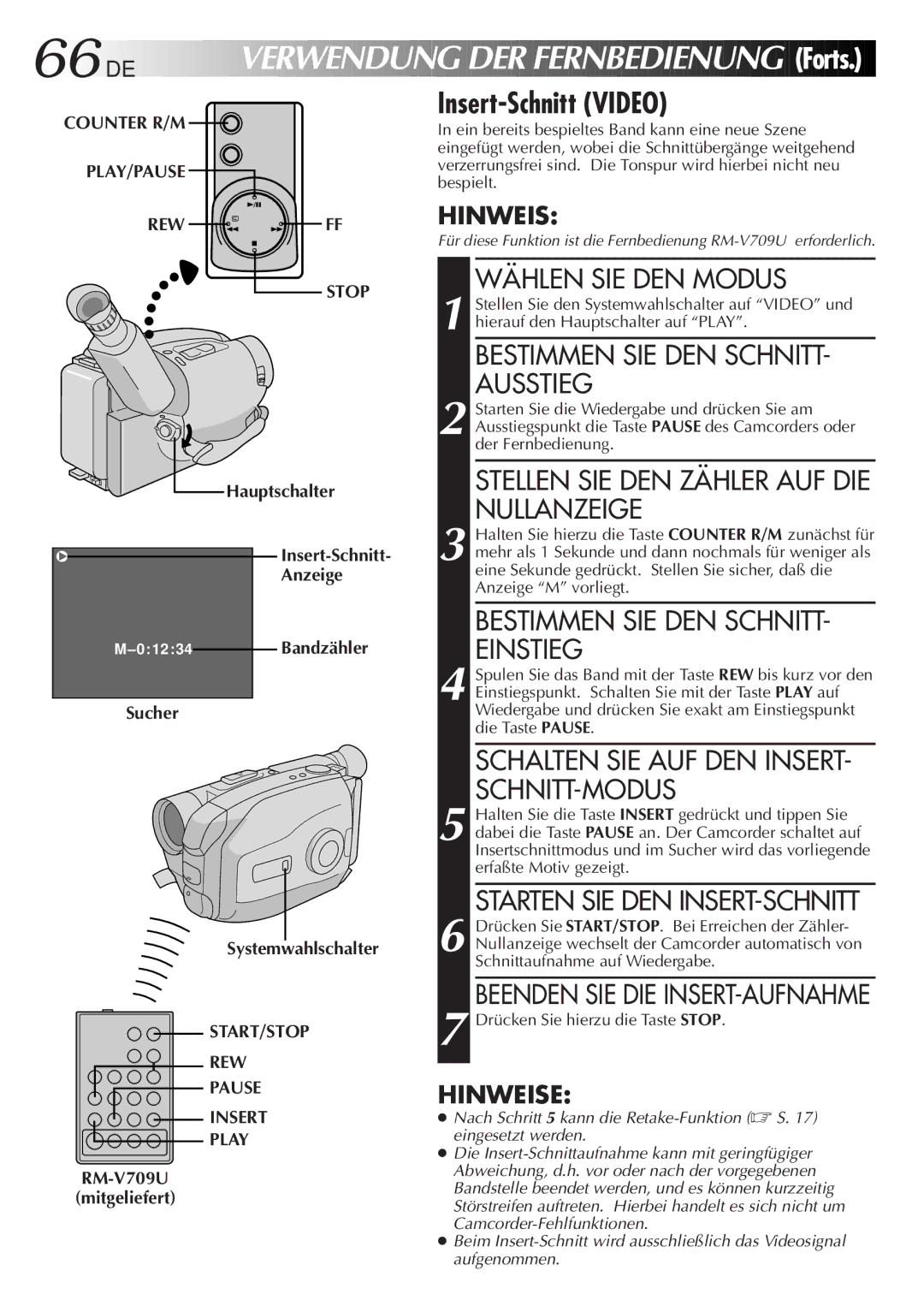 JVC GR-AX880 manual DE Verwendung DER Fernbedienung Forts, Insert-Schnitt Video 