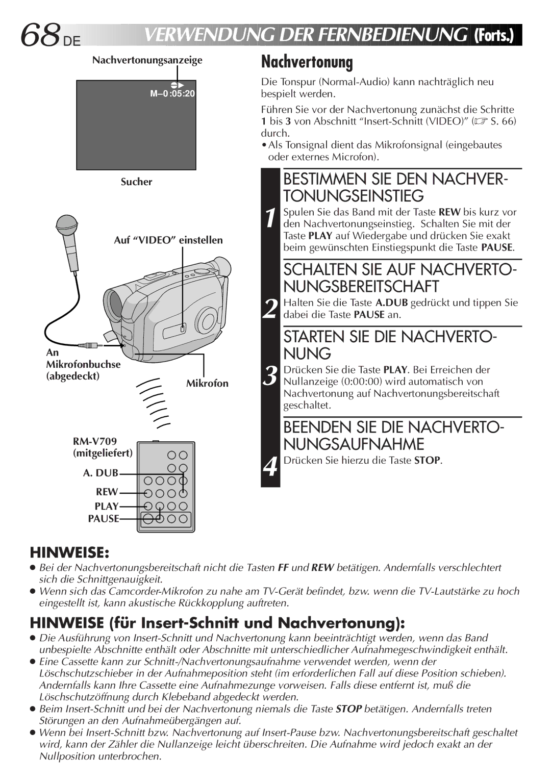 JVC GR-AX880 manual Nachvertonung, Starten SIE DIE NACHVERTO- Nung, Bestimmen SIE DEN NACHVER- Tonungseinstieg 