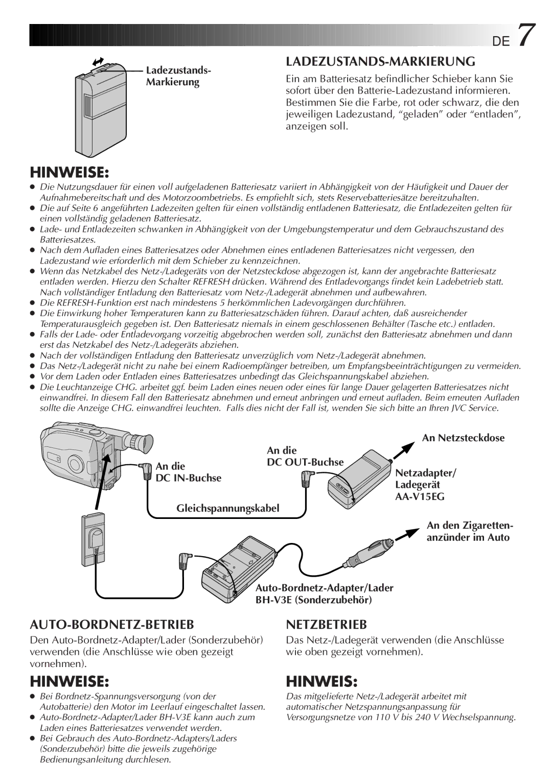 JVC GR-AX880 manual An Netzsteckdose An die DC OUT-Buchse, DC IN-Buchse Ladegerät Gleichspannungskabel 