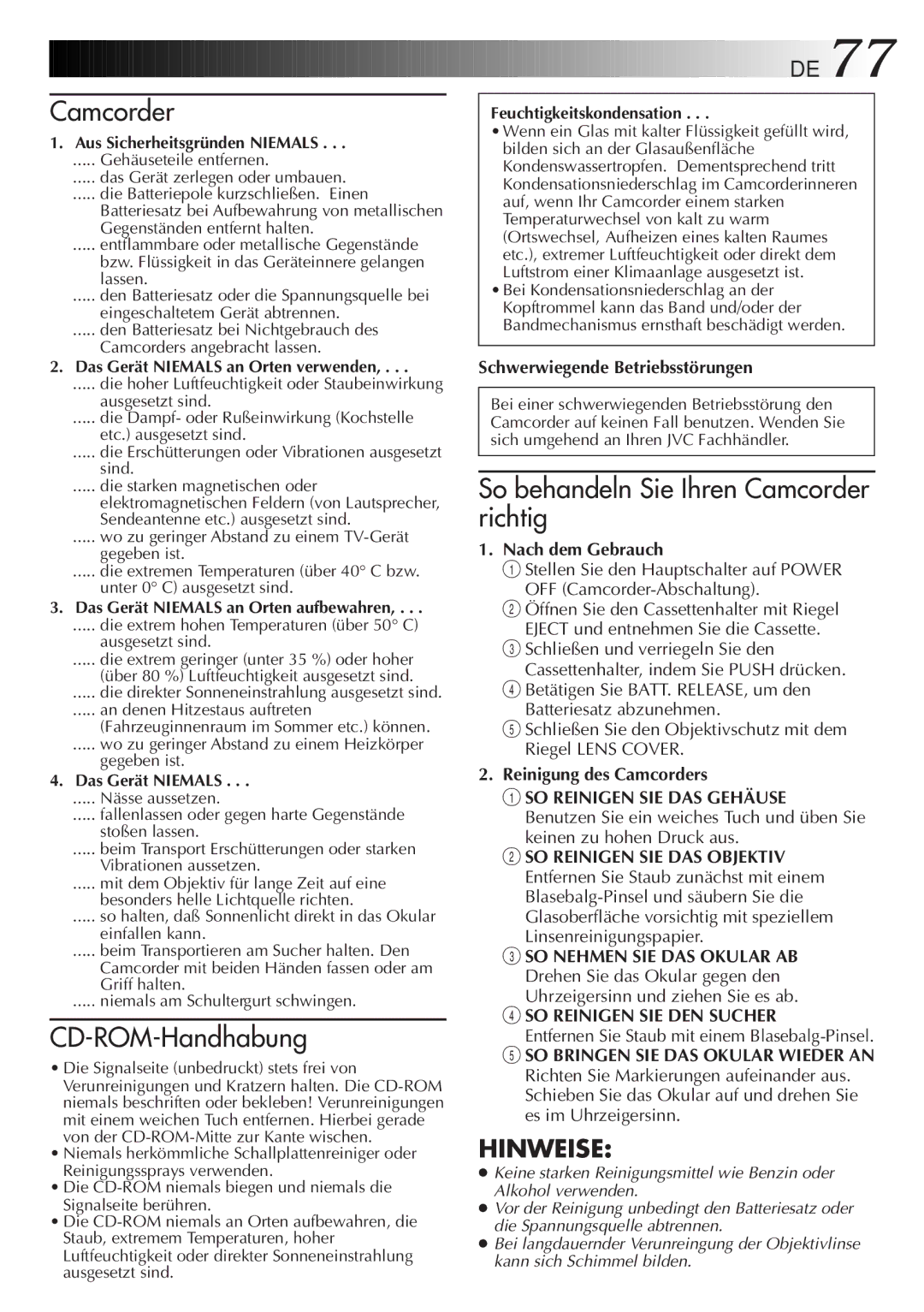 JVC GR-AX880 manual Schwerwiegende Betriebsstörungen, Nach dem Gebrauch 