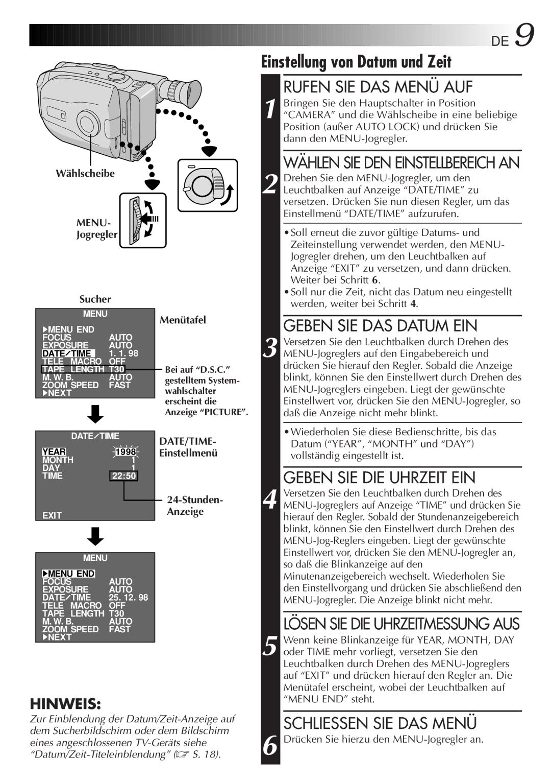 JVC GR-AX880 Einstellung von Datum und Zeit, Rufen SIE DAS Menü AUF, Geben SIE DAS Datum EIN, Geben SIE DIE Uhrzeit EIN 