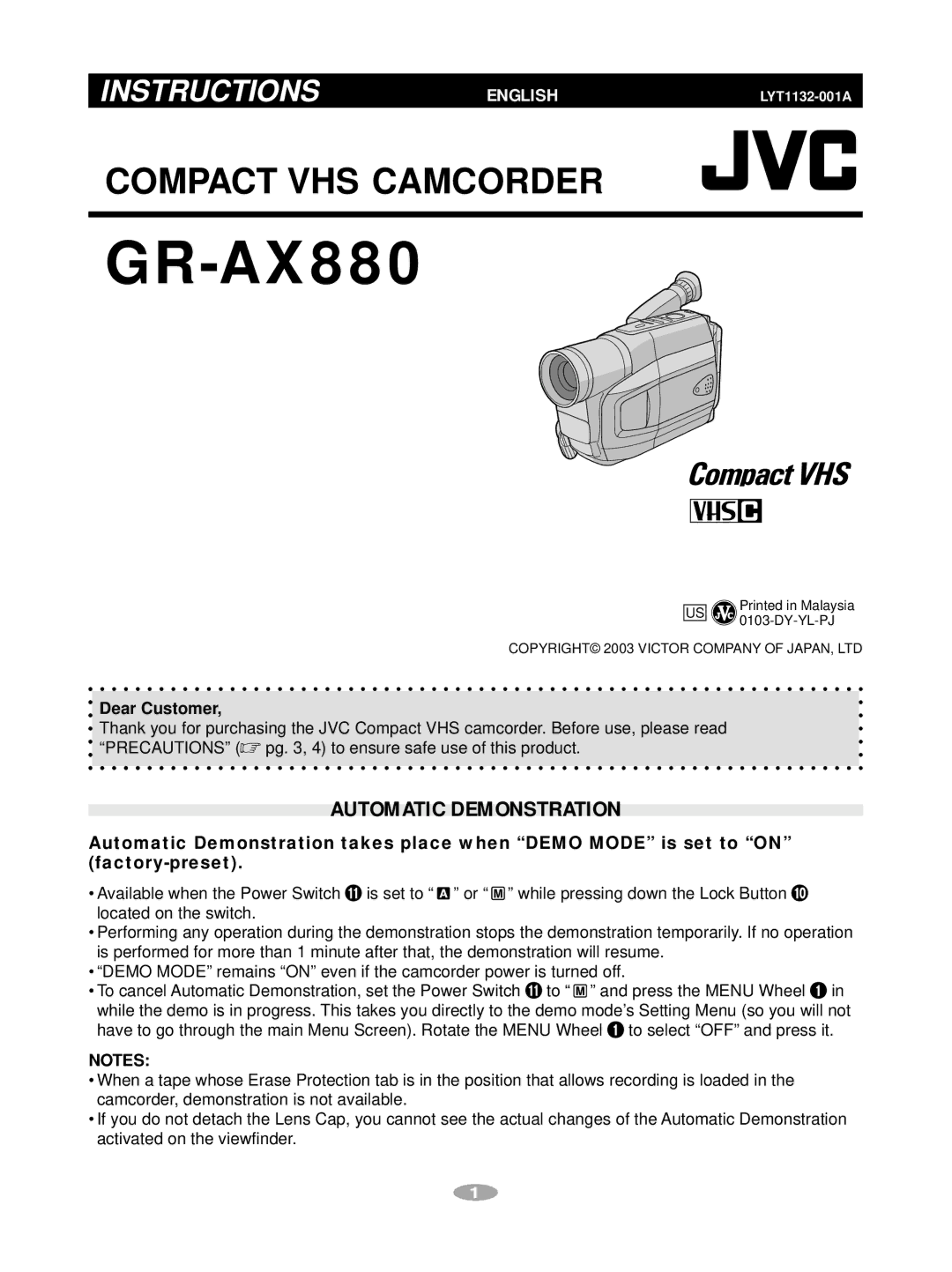 JVC GR-AX880 manual Automatic Demonstration, Dear Customer 