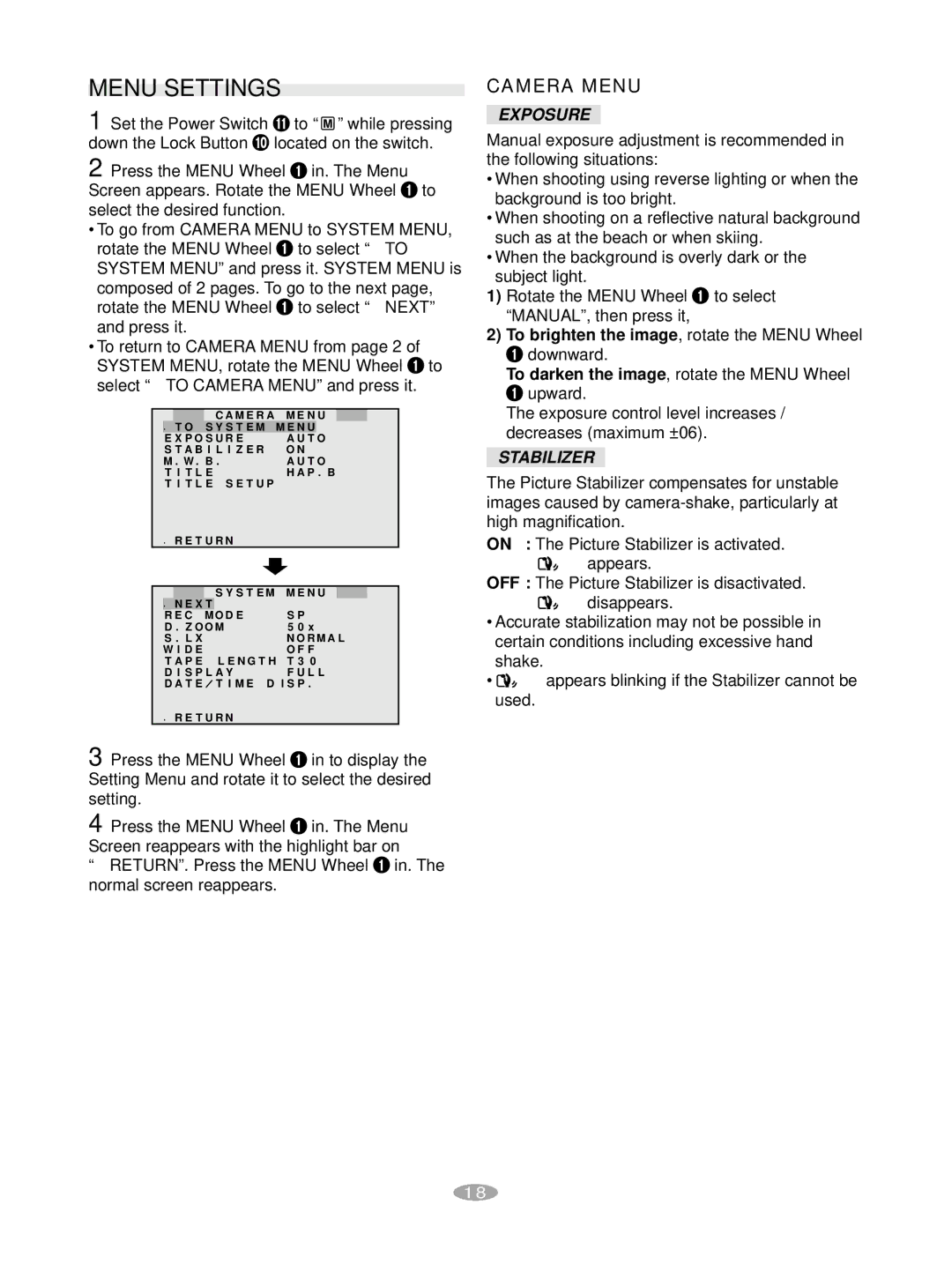 JVC GR-AX880 manual Menu Settings, Camera Menu, Exposure, Stabilizer 