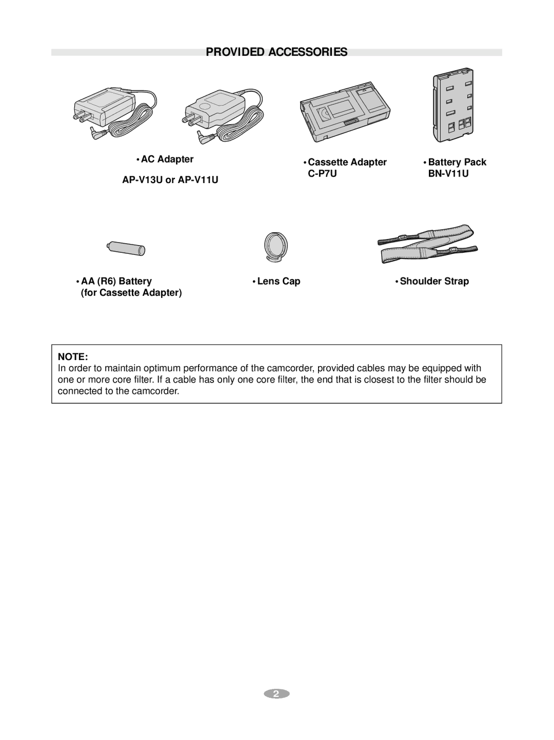 JVC GR-AX880 Provided Accessories, AC Adapter Cassette Adapter, AP-V13U or AP-V11U P7U BN-V11U AA R6 Battery Lens Cap 