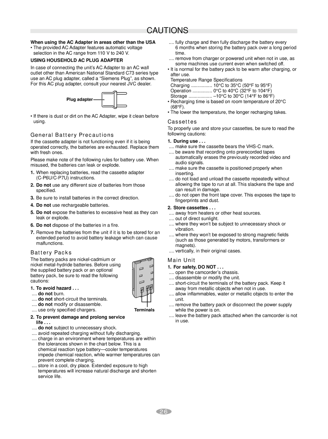 JVC GR-AX880 manual General Battery Precautions, Battery Packs, Cassettes, Main Unit 