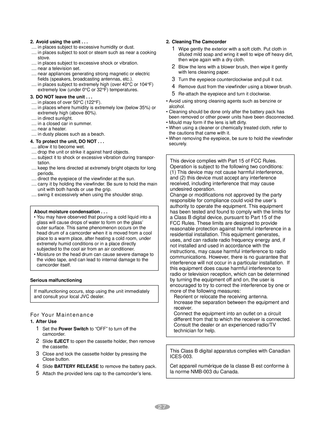 JVC GR-AX880 manual For Your Maintenance, Avoid using the unit 