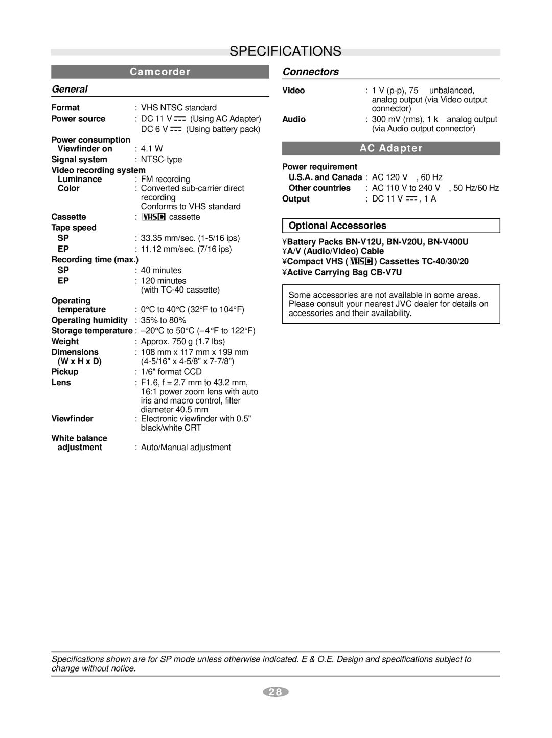 JVC GR-AX880 manual Specifications, Optional Accessories 