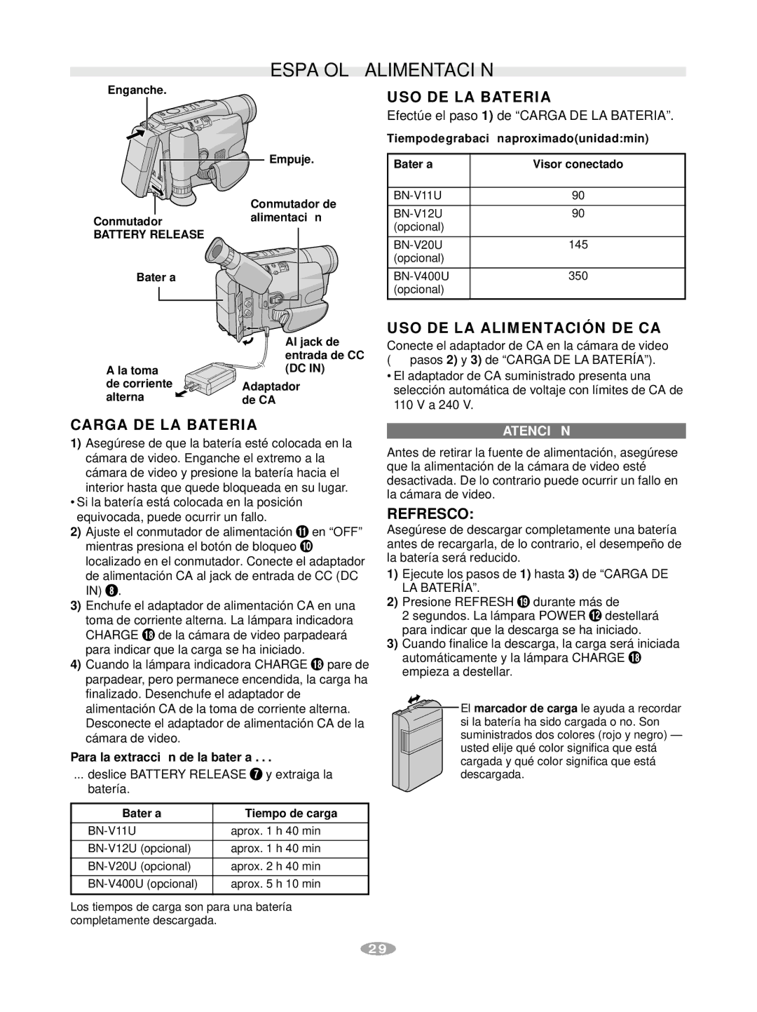 JVC GR-AX880 manual Español Alimentación, USO DE LA Bateria, USO DE LA Alimentación DE CA, Carga DE LA Bateria, Refresco 