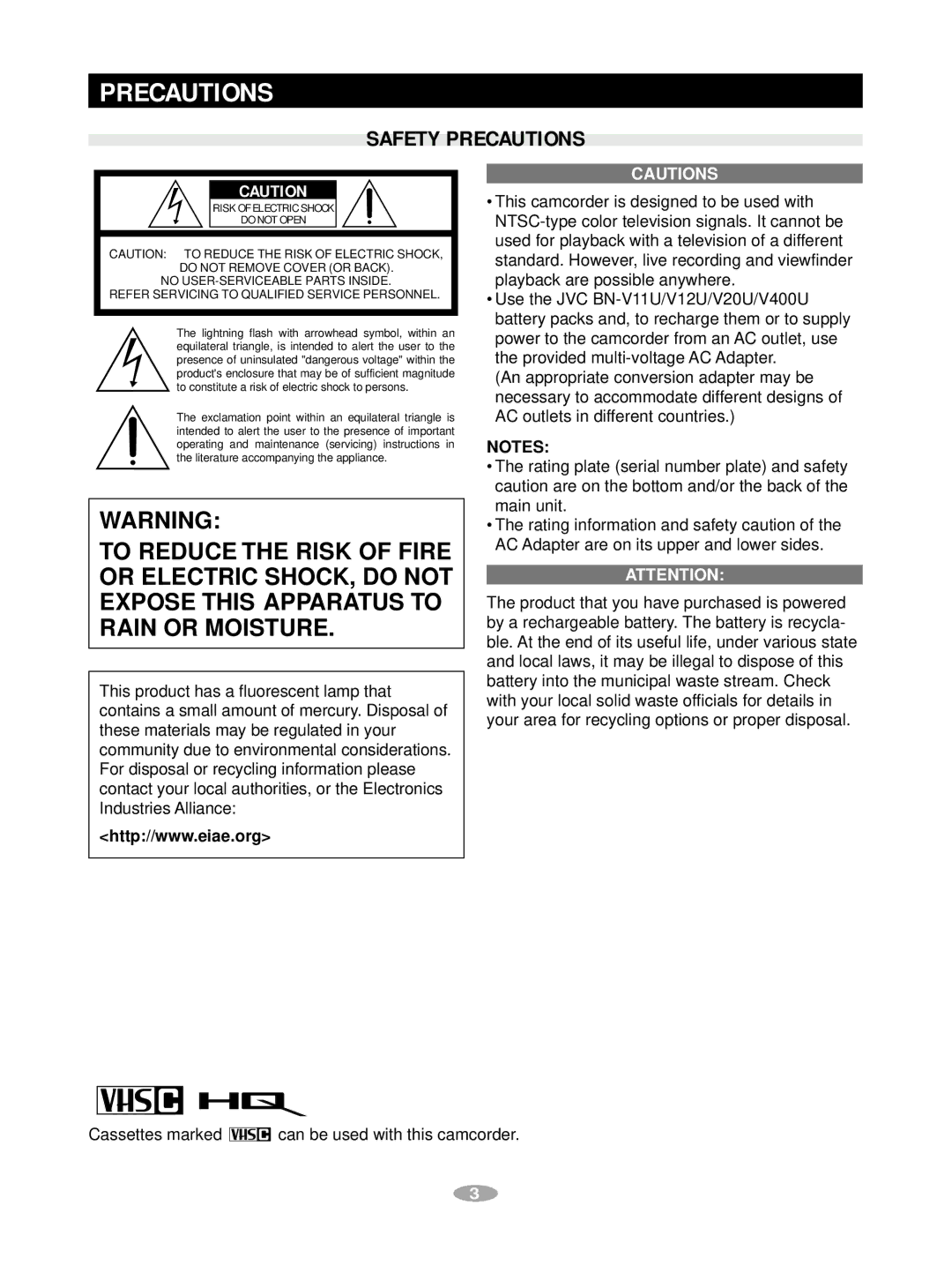 JVC GR-AX880 manual Safety Precautions 