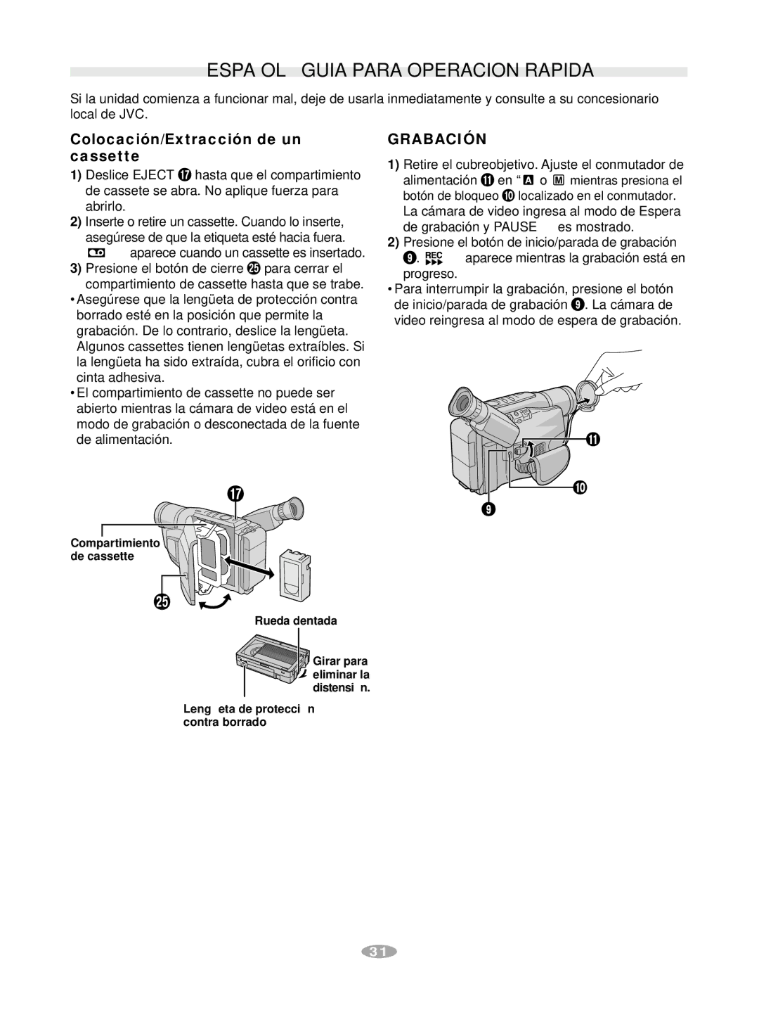 JVC GR-AX880 manual Español Guia Para Operacion Rapida, Colocación/Extracción de un cassette, Grabación 