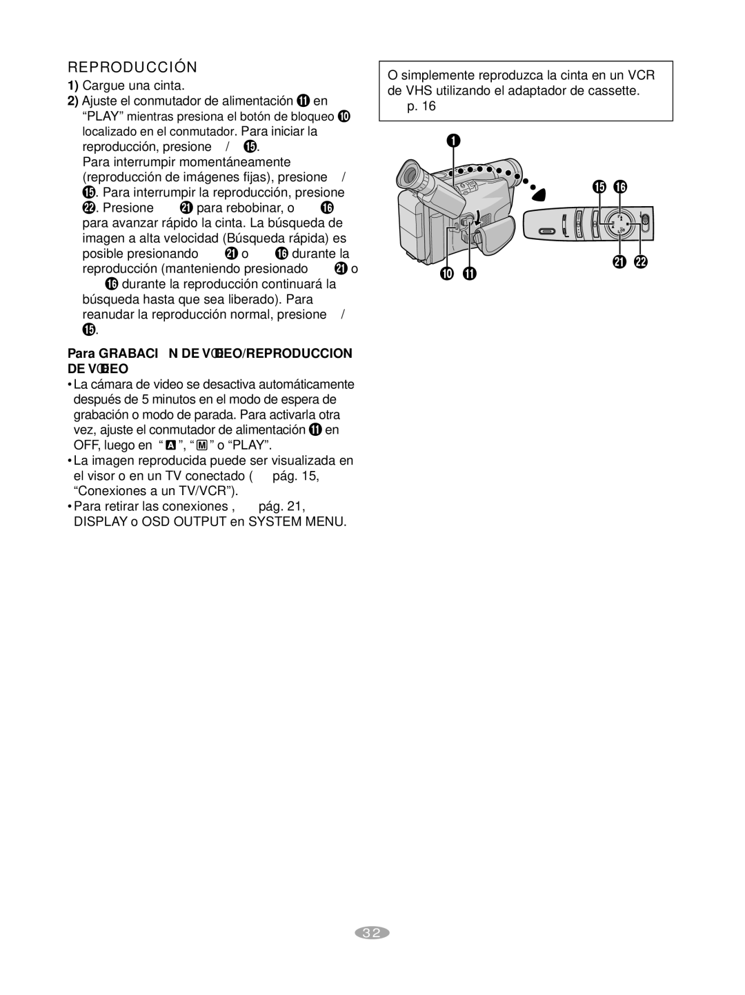 JVC GR-AX880 manual Reproducción, Para Grabació N DE VÍDEO/REPRODUCCION DE Vídeo 