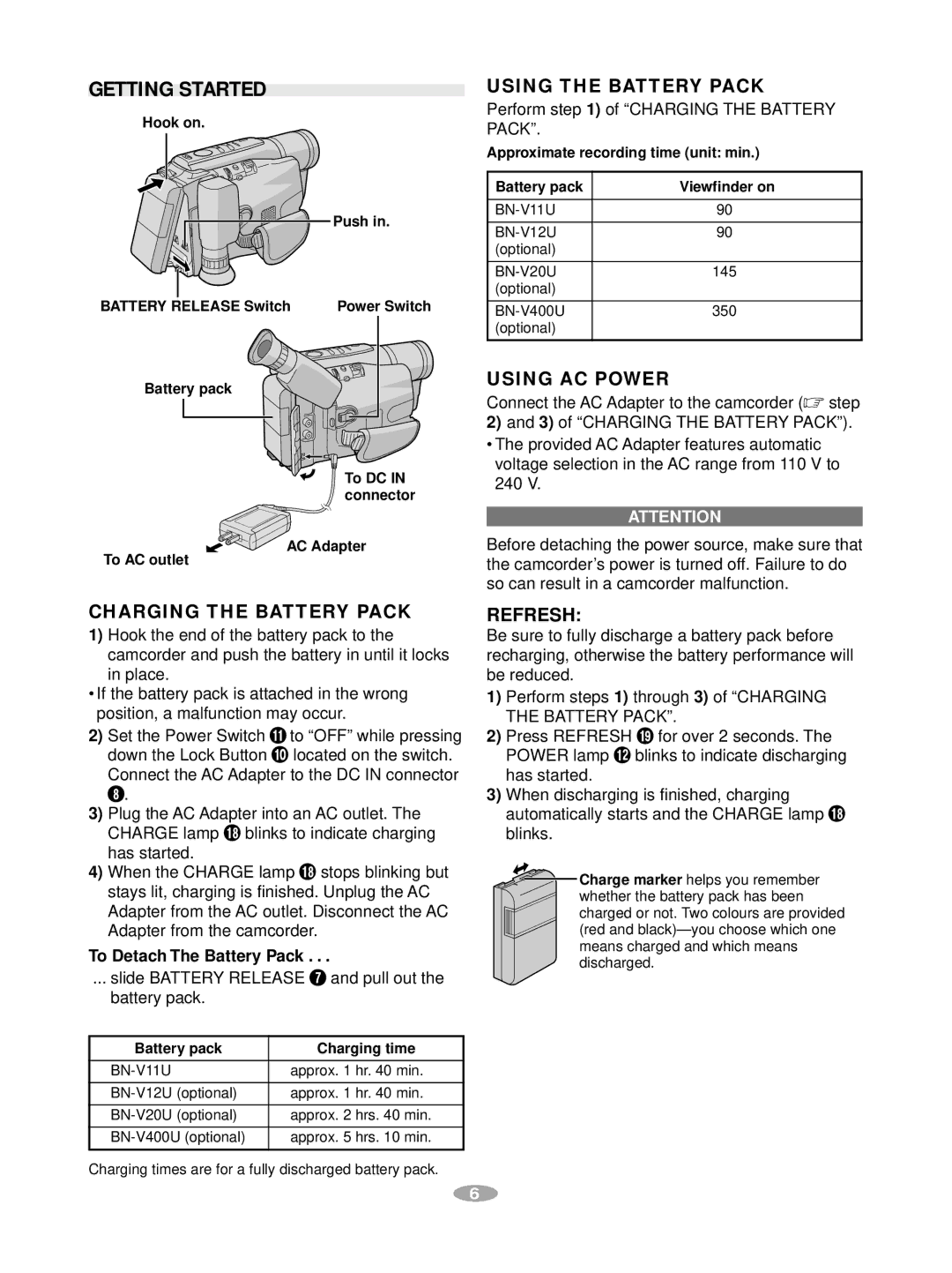 JVC GR-AX880 manual Getting Started, Charging the Battery Pack, Using the Battery Pack, Using AC Power, Refresh 