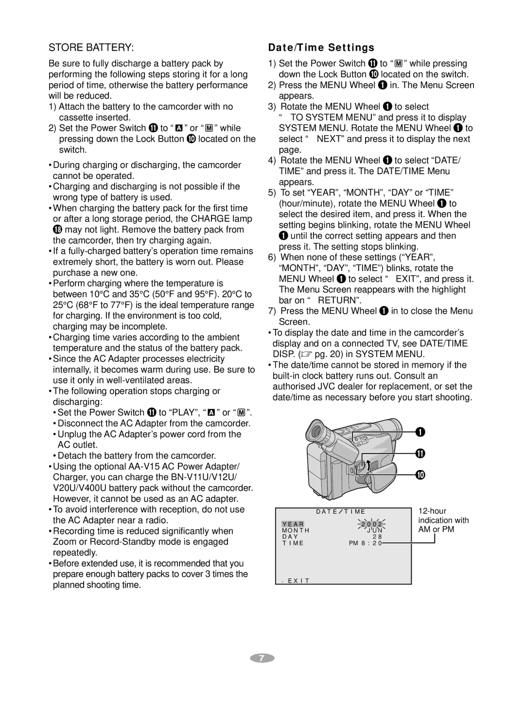 JVC GR-AX880 manual Store Battery, Date/Time Settings 