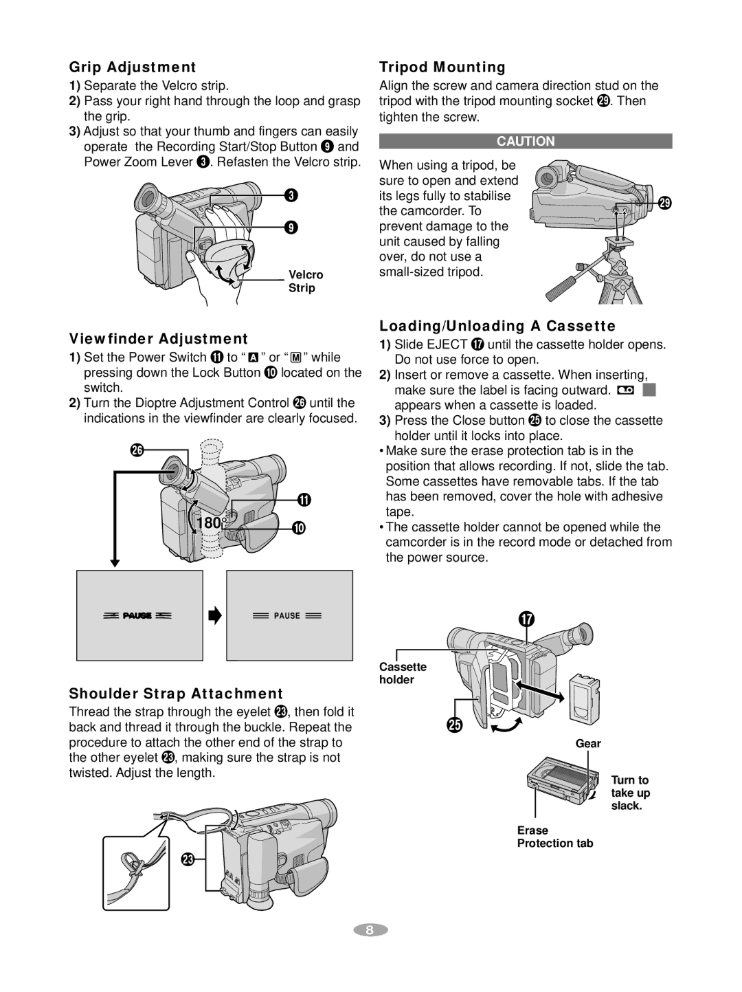 JVC GR-AX880 manual Grip Adjustment, Tripod Mounting, Viewfinder Adjustment, 180, Shoulder Strap Attachment 