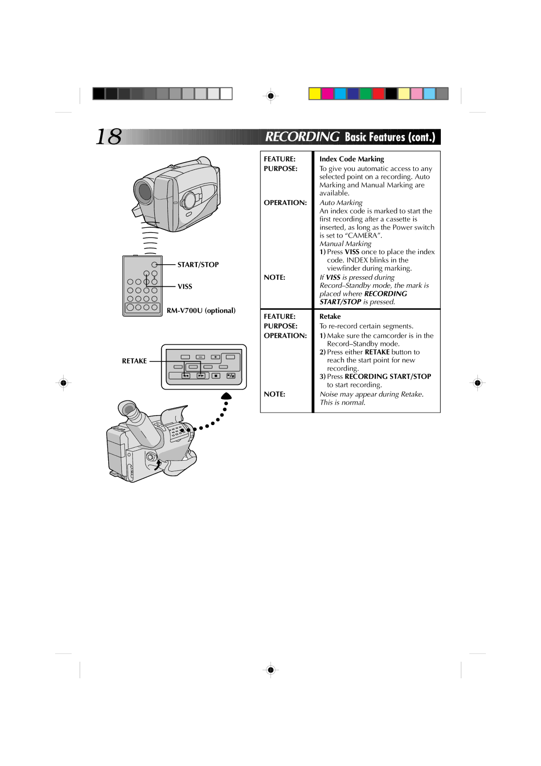 JVC GR-AX910, GR-AX810 manual START/STOP Viss, RM-V700U optional, Retake Feature, Index Code Marking 