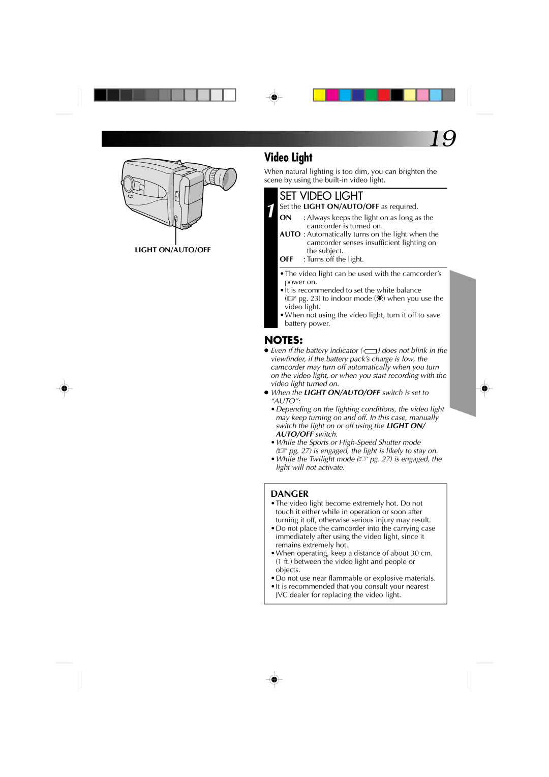 JVC GR-AX810, GR-AX910 manual SET Video Light, Light ON/AUTO/OFF 