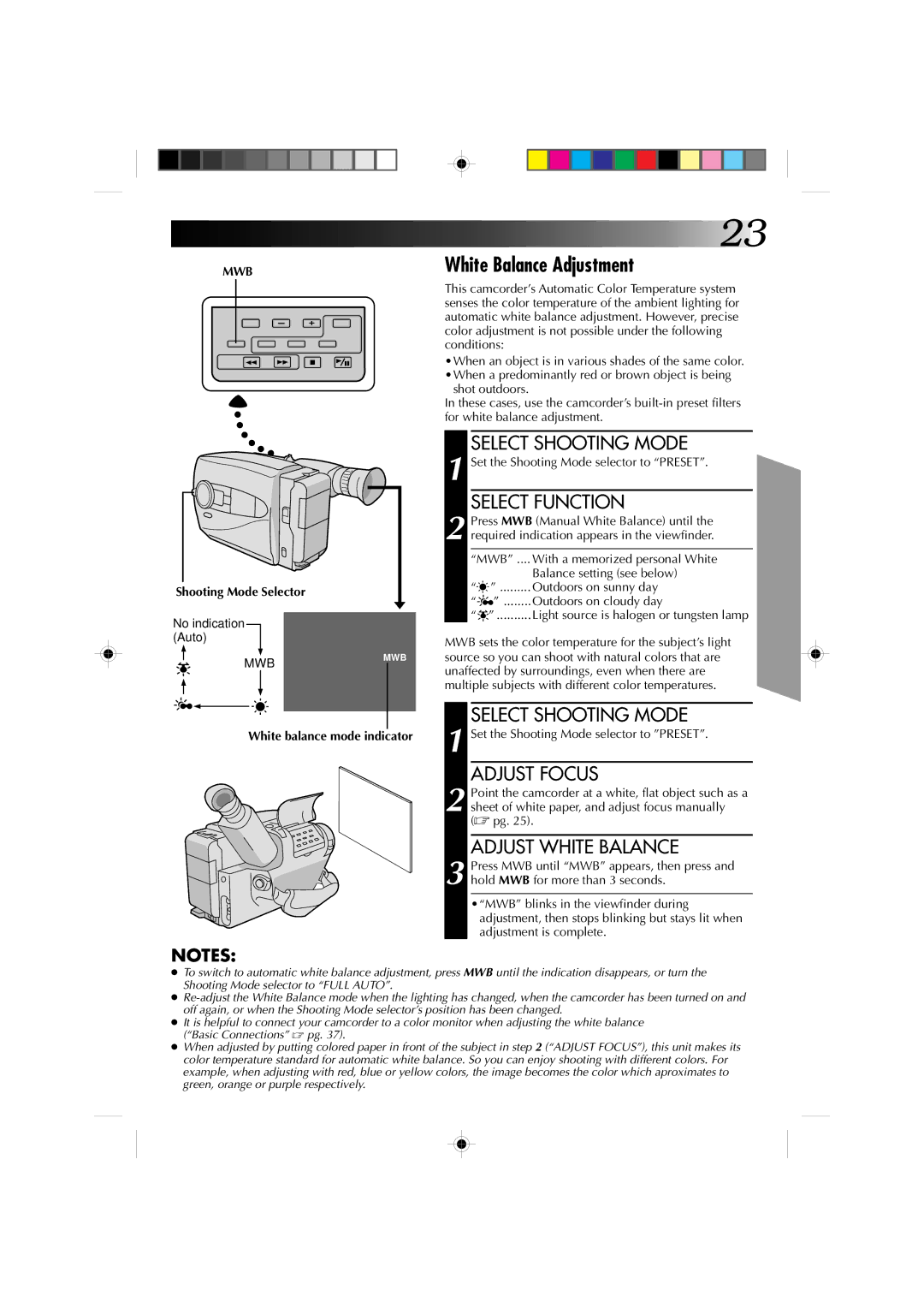 JVC GR-AX810, GR-AX910 White Balance Adjustment, Adjust Focus, Adjust White Balance, Mwb, White balance mode indicator 