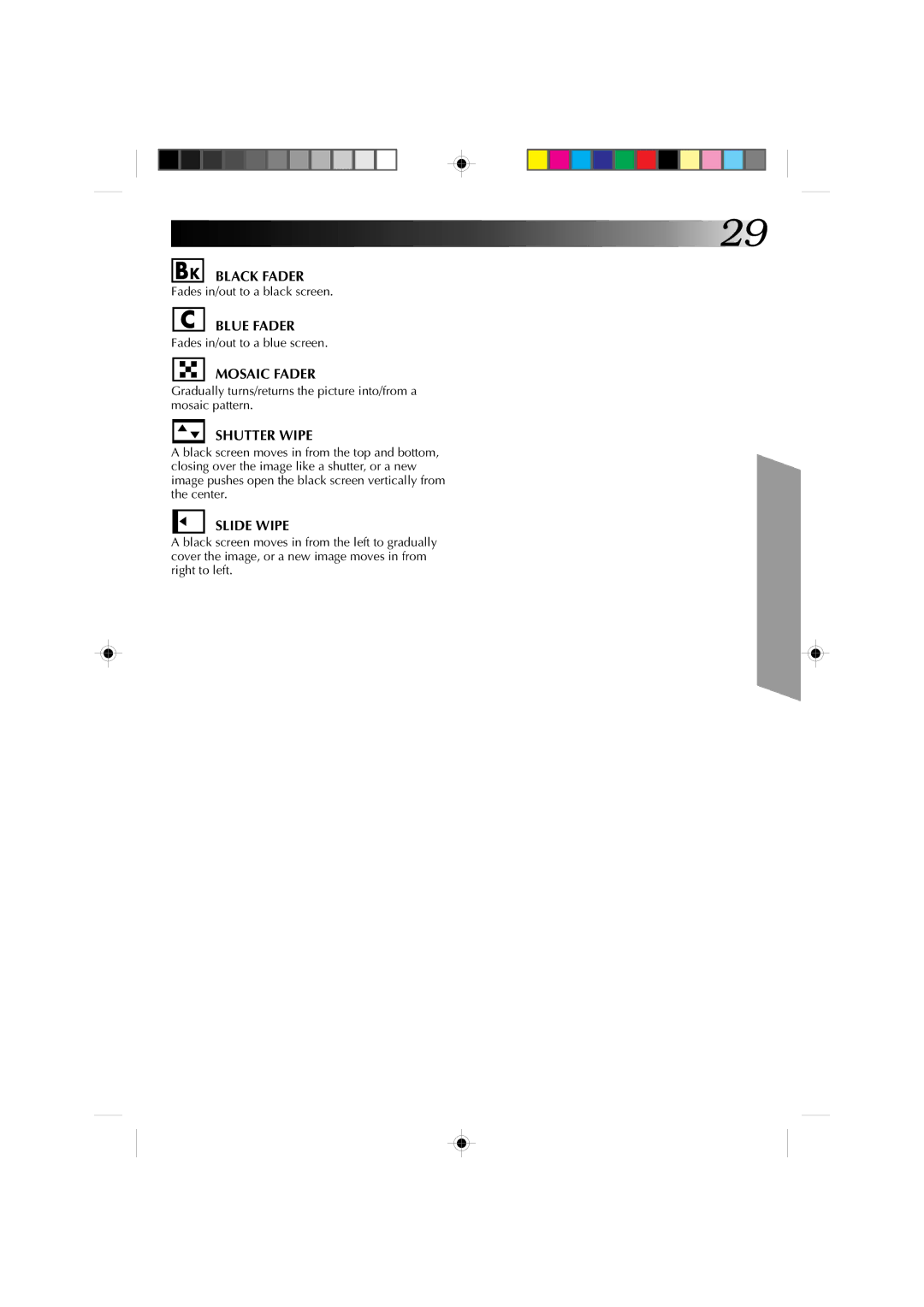 JVC GR-AX810, GR-AX910 manual Black Fader, Blue Fader, Mosaic Fader, Shutter Wipe, Slide Wipe 