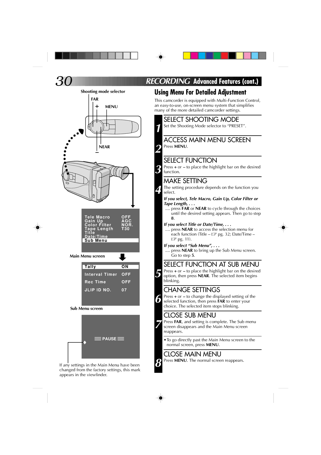 JVC GR-AX910, GR-AX810 manual Using Menu For Detailed Adjustment, Make Setting, Select Function AT SUB Menu, Change Settings 