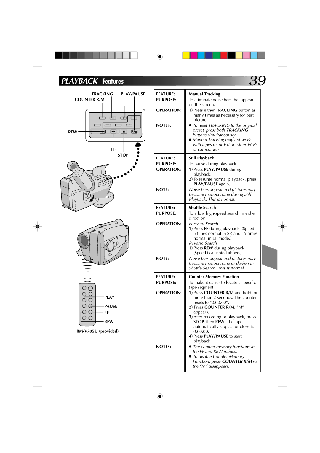 JVC GR-AX810, GR-AX910 manual Playback Features, Tracking PLAY/PAUSE Counter R/M REW Stop Play Pause 