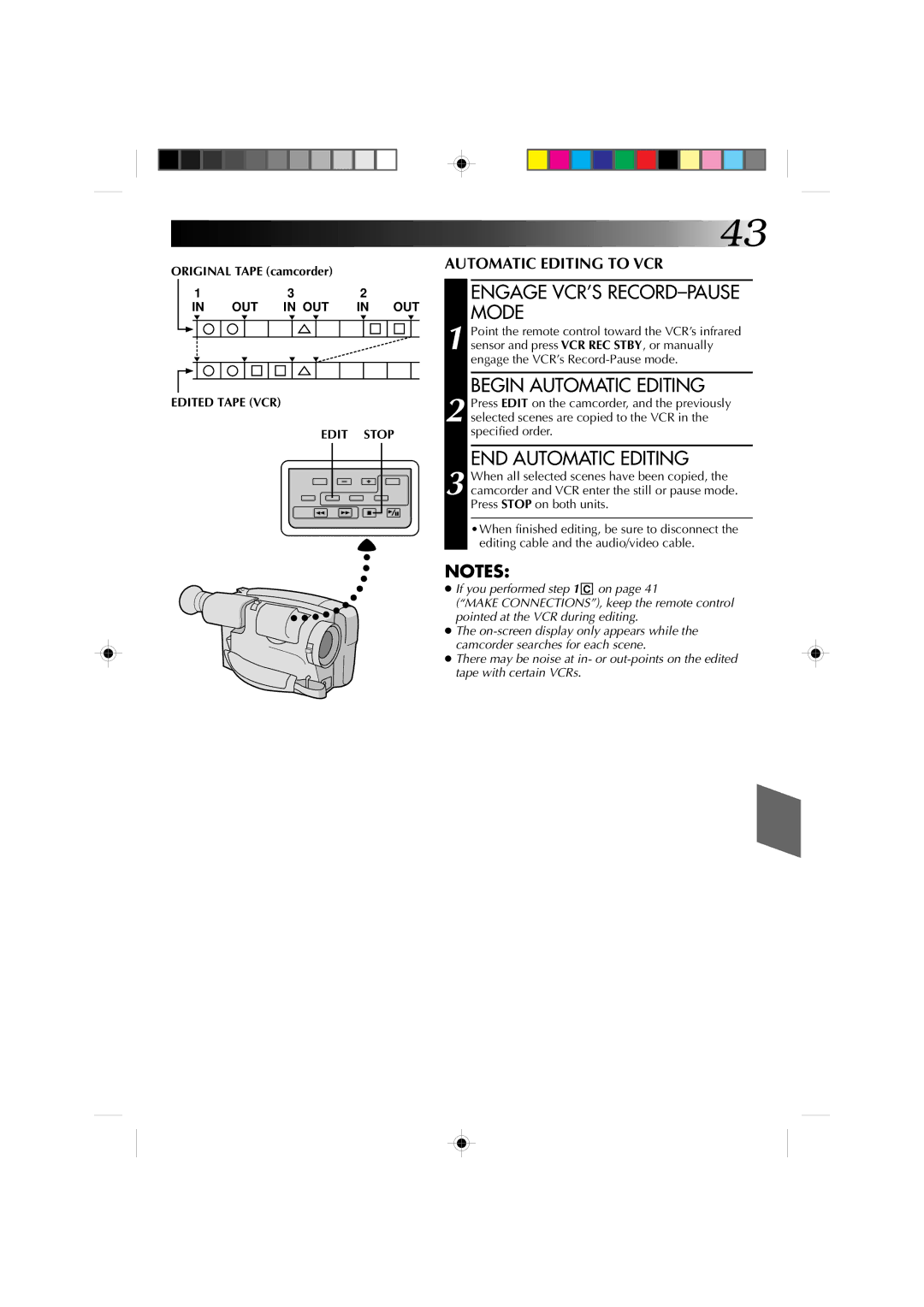 JVC GR-AX810, GR-AX910 manual Engage VCR’S RECORD-PAUSE Mode, Begin Automatic Editing, END Automatic Editing 