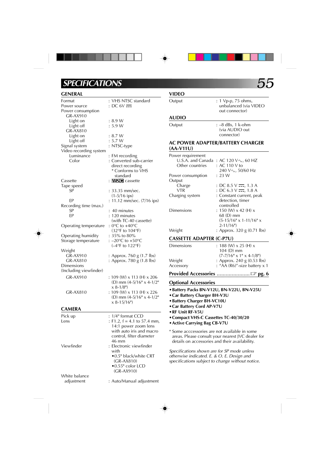 JVC GR-AX810, GR-AX910 manual General, Camera, Video, Audio, AC Power ADAPTER/BATTERY Charger, Cassette Adapter C-P7U 