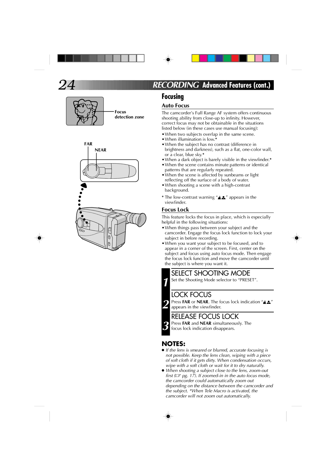 JVC GR-AX911U manual Focusing, Lock Focus, Release Focus Lock, Patterns that are regularly repeated 