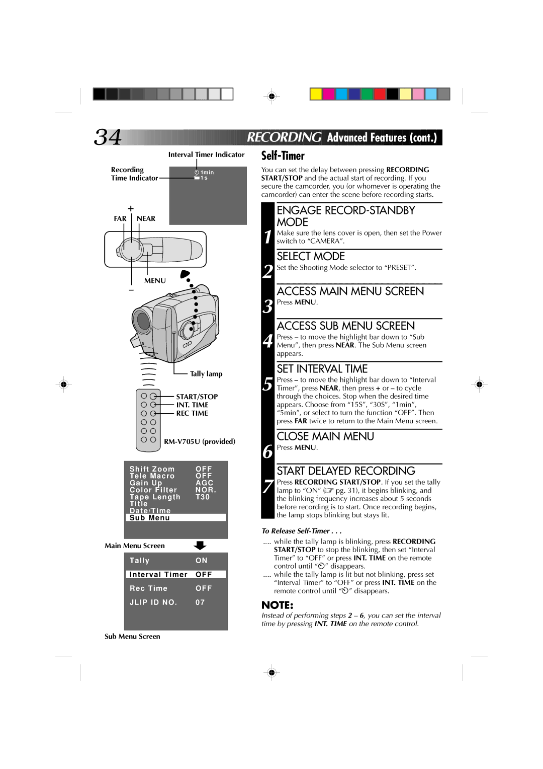 JVC GR-AX911U manual Tally lamp, START/STOP INT. Time REC Time, RM-V705U provided 