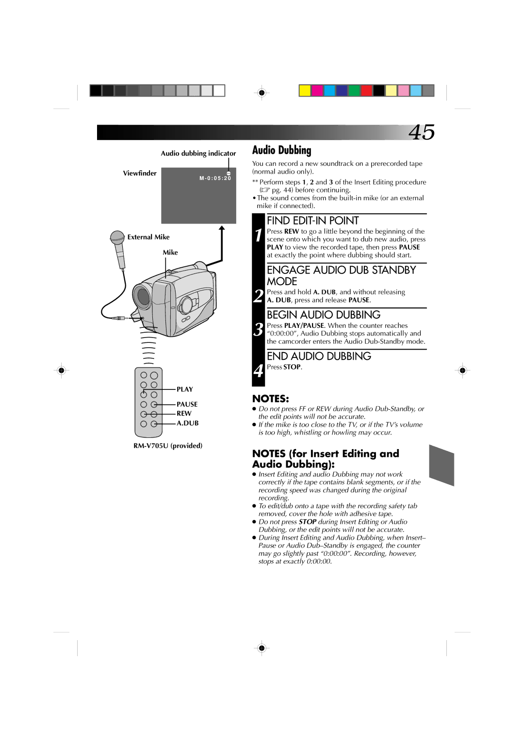 JVC GR-AX911U manual Audio dubbing indicator Viewfindere, External Mike, Play Pause REW, DUB RM-V705U provided 