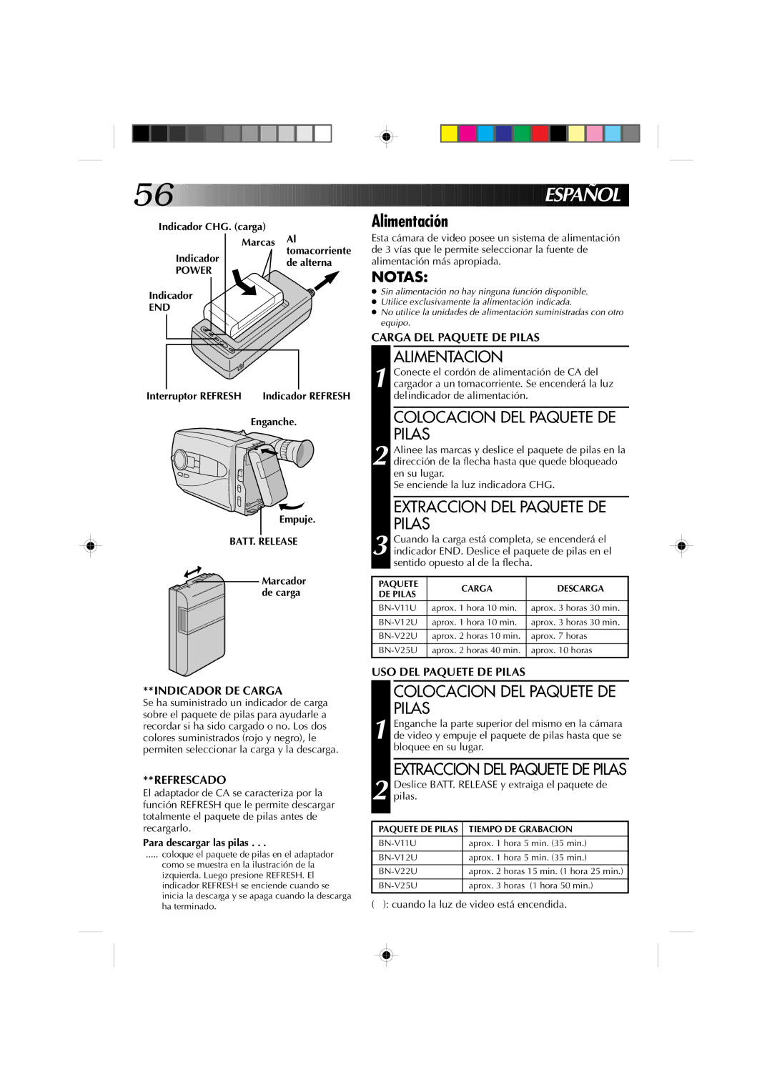 JVC GR-AX911U manual Alimentación, Alimentacion, Colocacion DEL Paquete DE Pilas, Extraccion DEL Paquete DE Pilas 