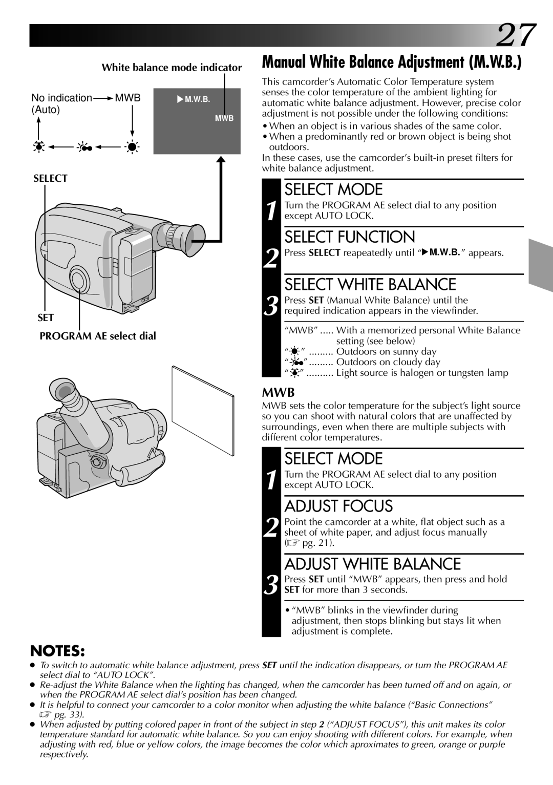 JVC GR-AX920 manual Select White Balance, Adjust Focus, Adjust White Balance, White balance mode indicator, Select SET 