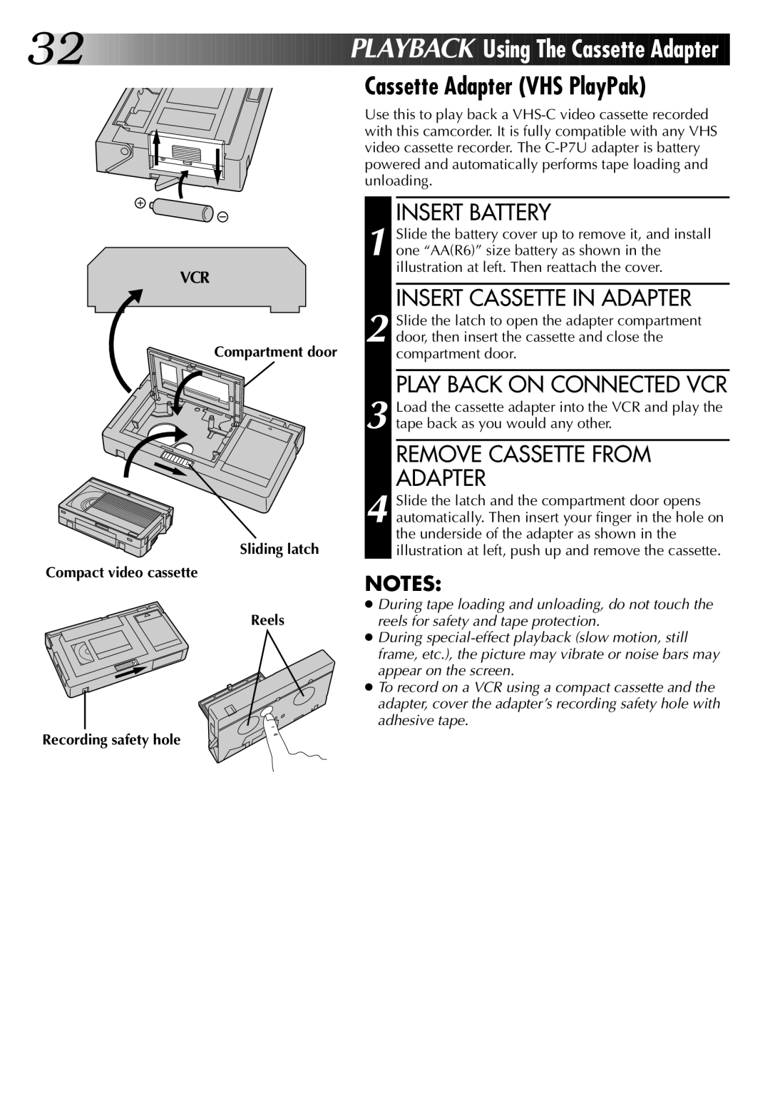 JVC GR-AX920 manual Cassette Adapter VHS PlayPak, Insert Cassette in Adapter, Play Back on Connected VCR 