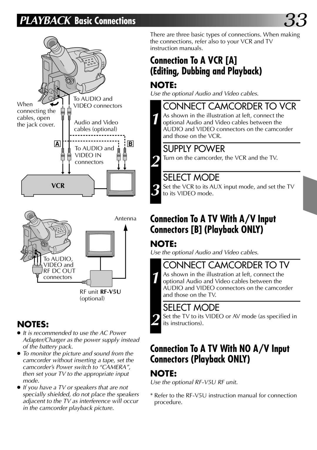 JVC GR-AX920 manual Connect Camcorder to VCR, Connect Camcorder to TV 