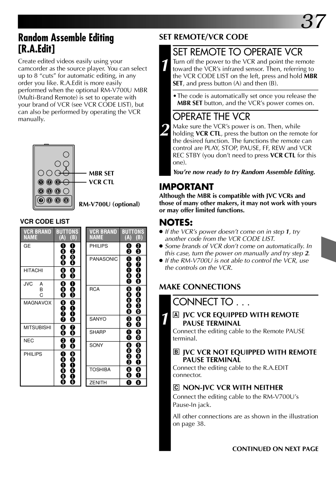 JVC GR-AX920 manual Random Assemble Editing R.A.Edit, SET Remote to Operate VCR, Operate the VCR, Connect to, On Next 