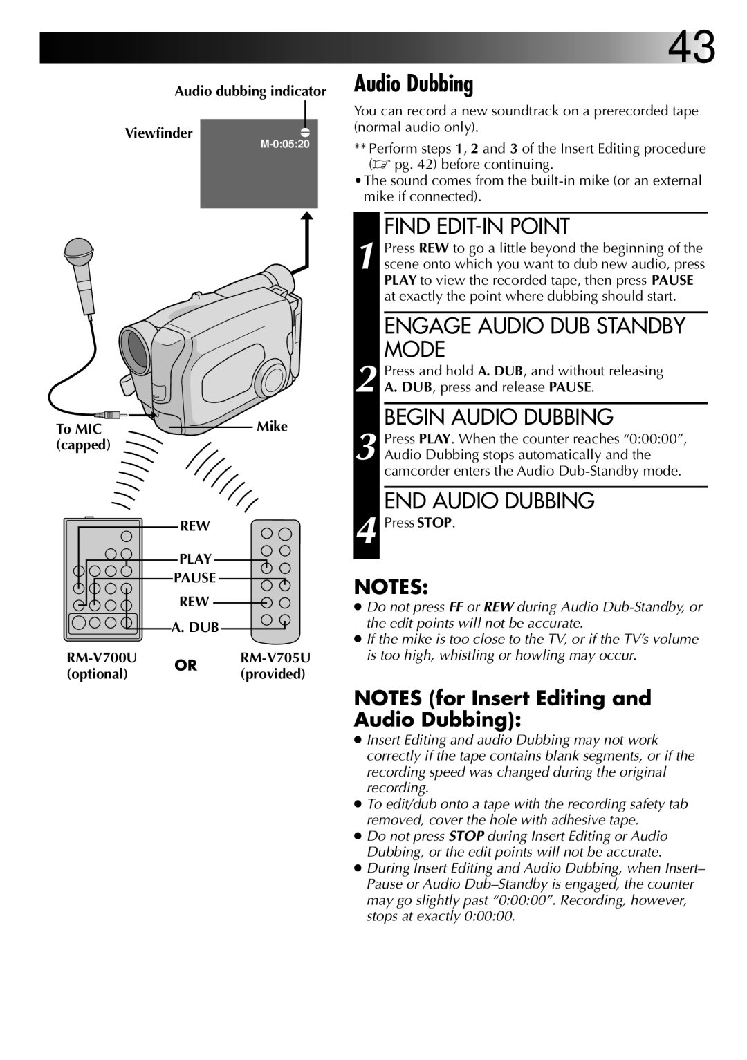 JVC GR-AX920 manual Audio dubbing indicator Viewfindere, To MIC Mike Capped, Rew Dub 