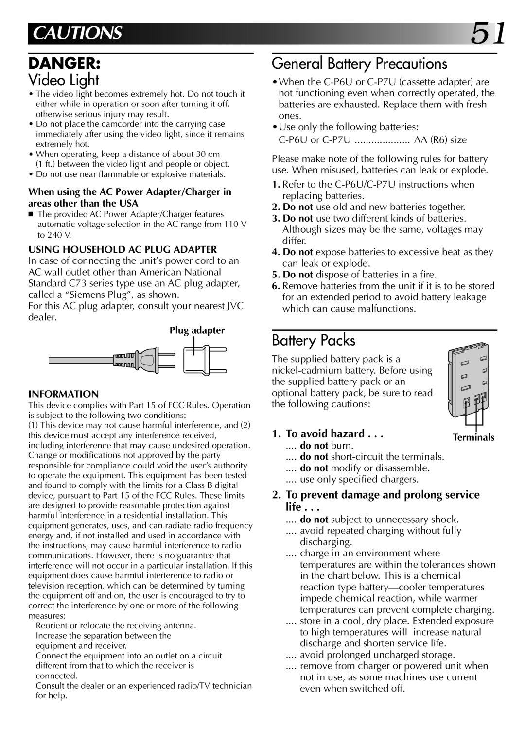 JVC GR-AX920 manual Using Household AC Plug Adapter, Plug adapter, Information 