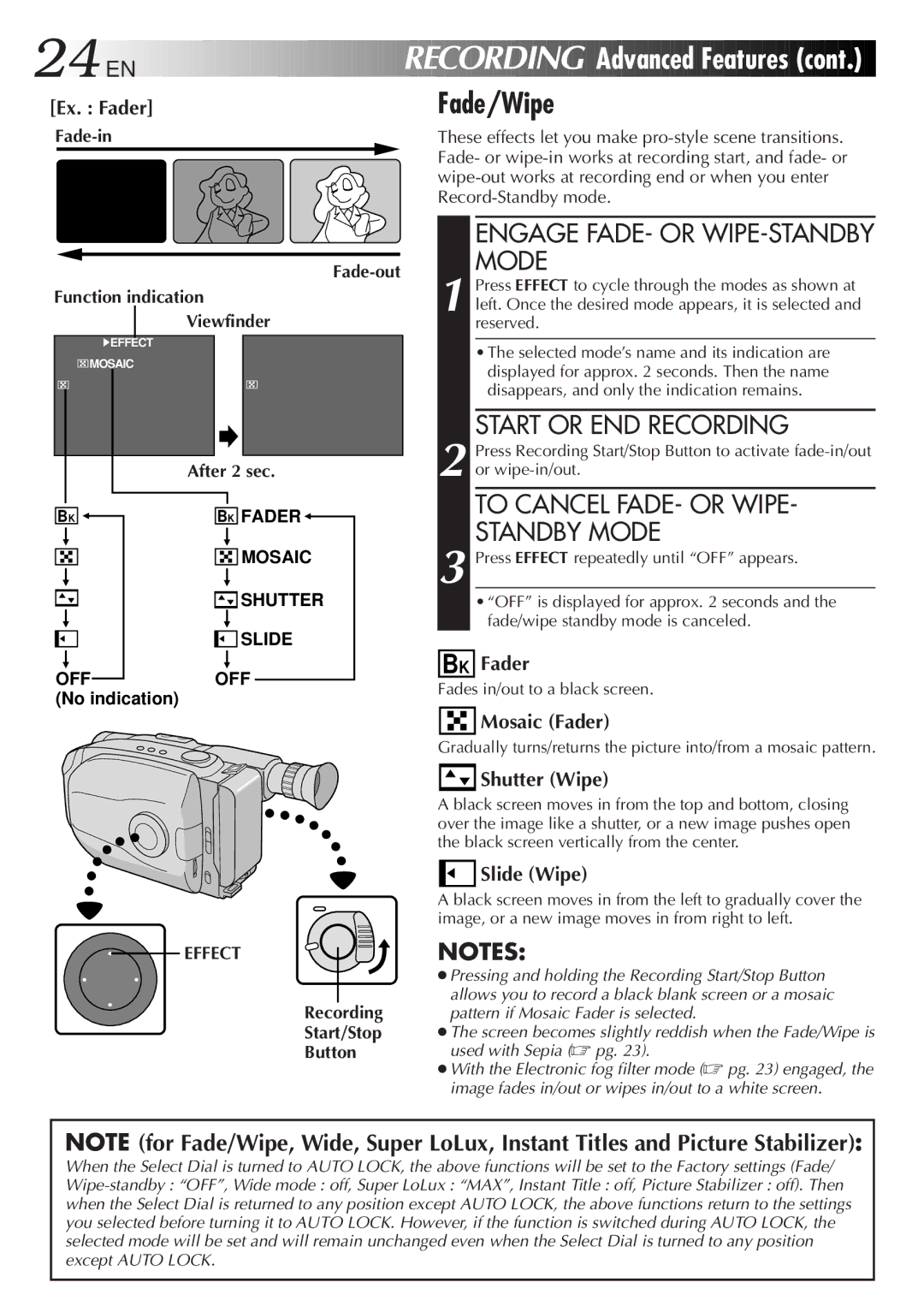 JVC GR-AX930U manual Fade/Wipe, Advanced Features, Fade-in Fade-out, After 2 sec, Effect 