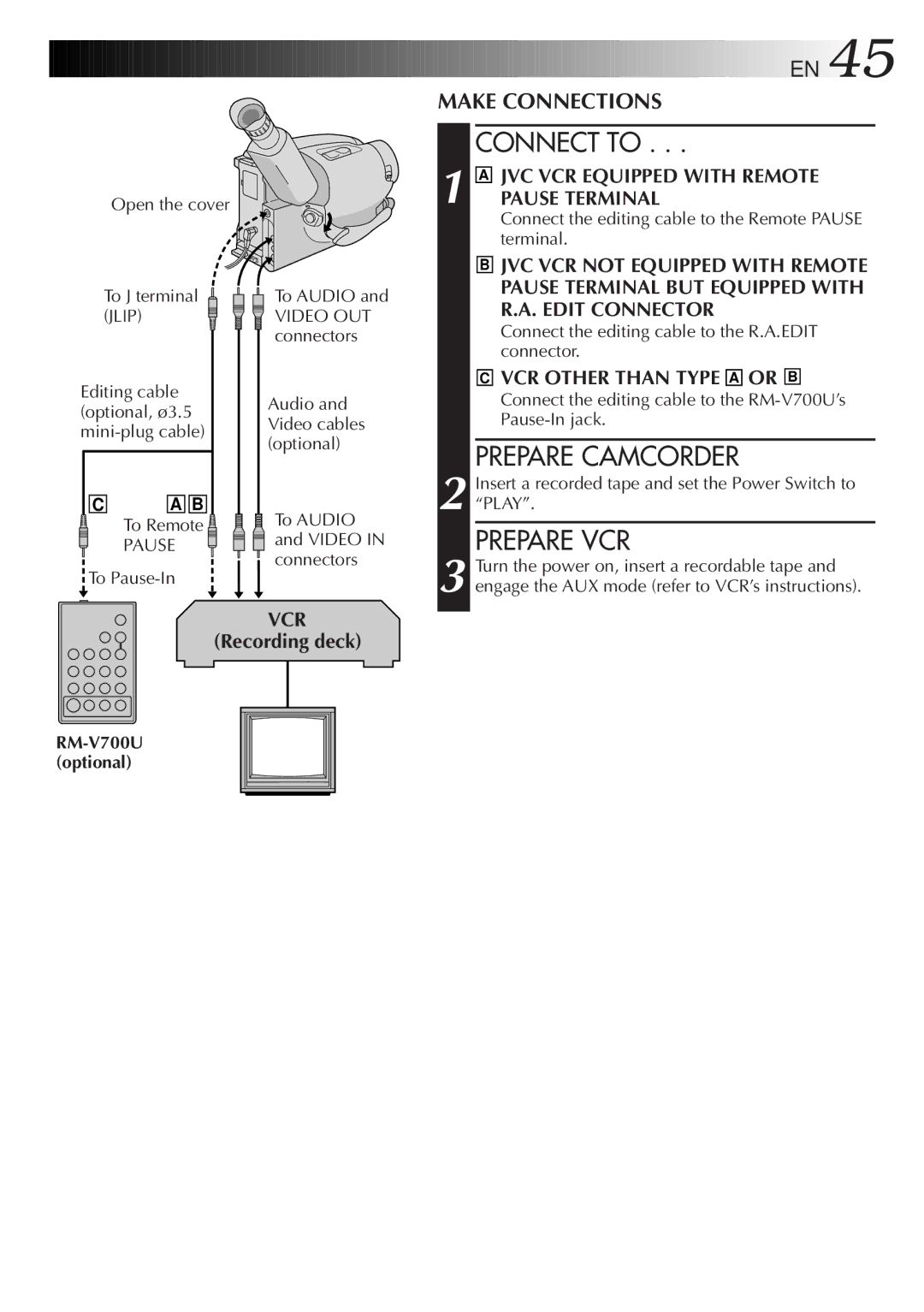 JVC GR-AX930U manual Connect to, Prepare Camcorder, Prepare VCR, RM-V700U optional 