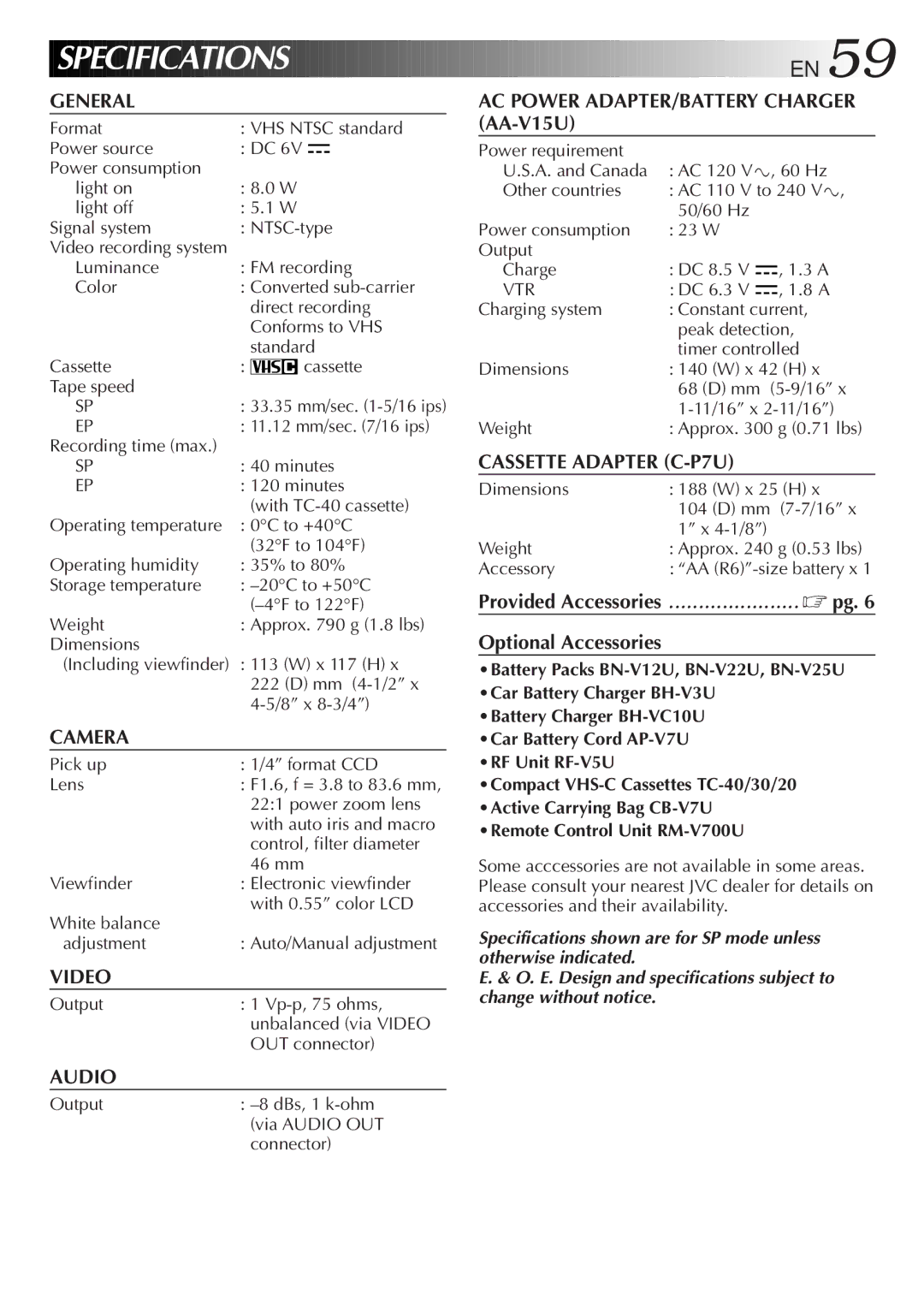 JVC GR-AX930U manual Specifications 