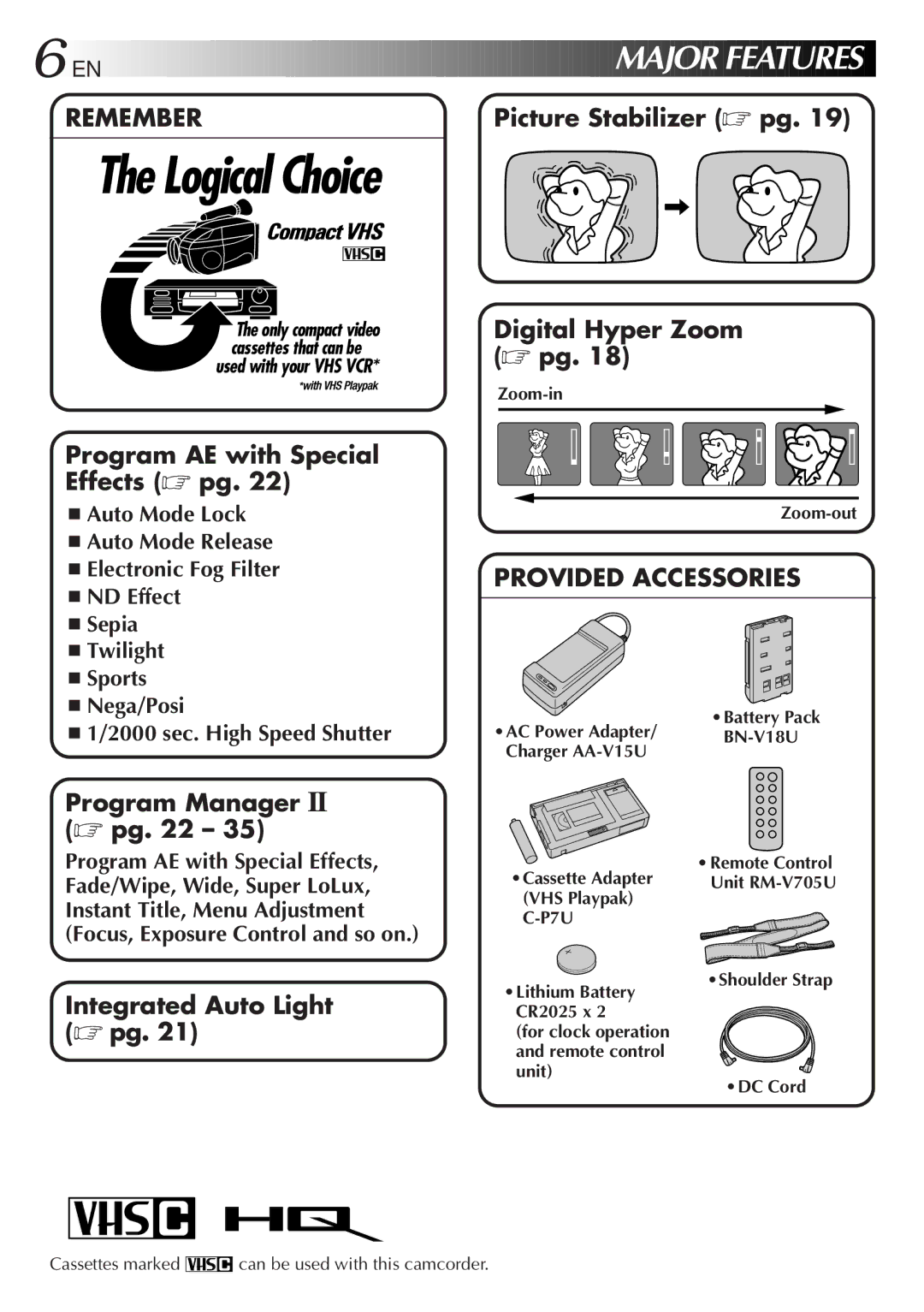 JVC GR-AX930U manual EN Major Features, Zoom-in, Zoom-out, P7U, Cassettes marked can be used with this camcorder 