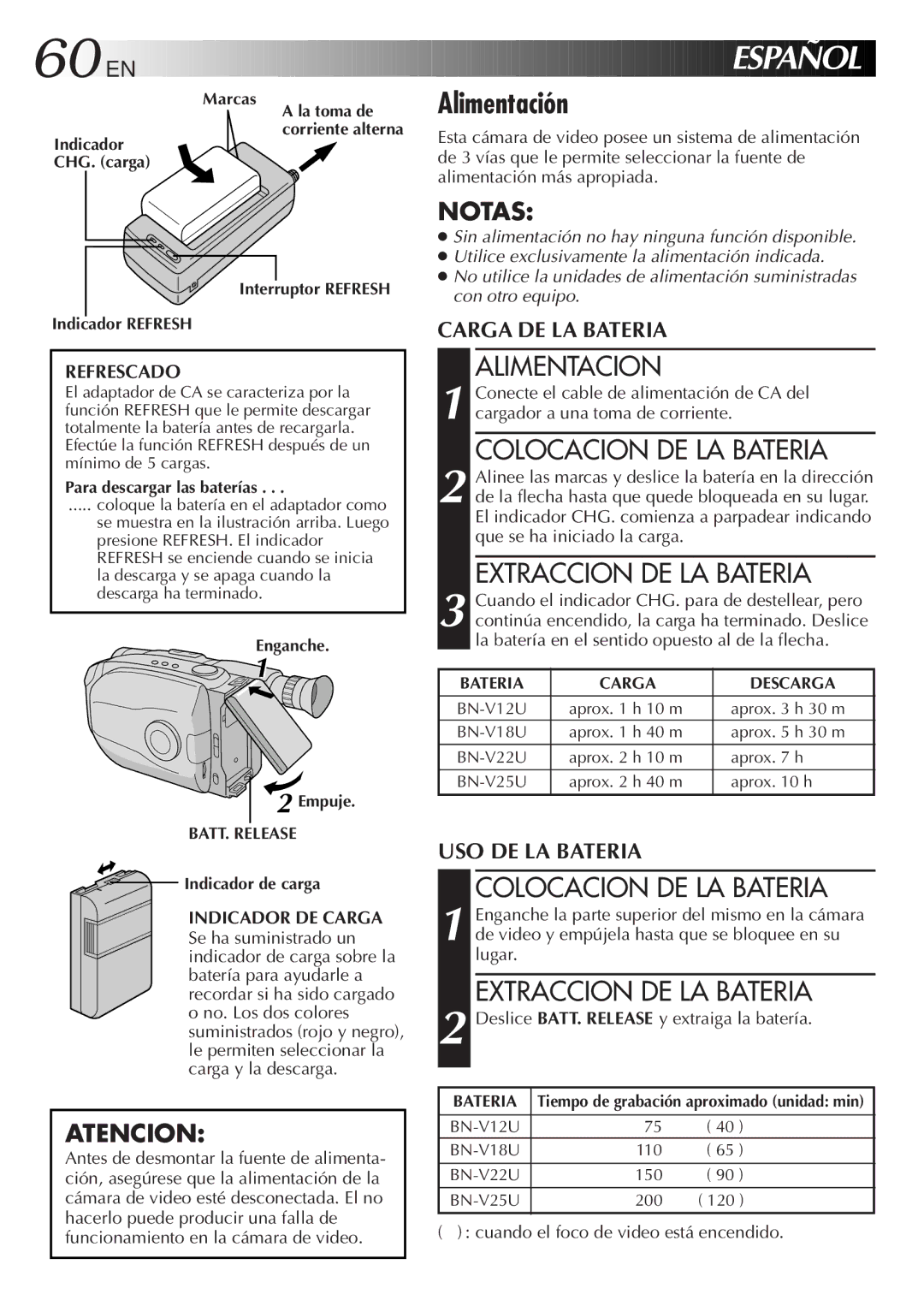 JVC GR-AX930U manual Alimentación, Alimentacion, Colocacion DE LA Bateria, Extraccion DE LA Bateria, Refrescado 